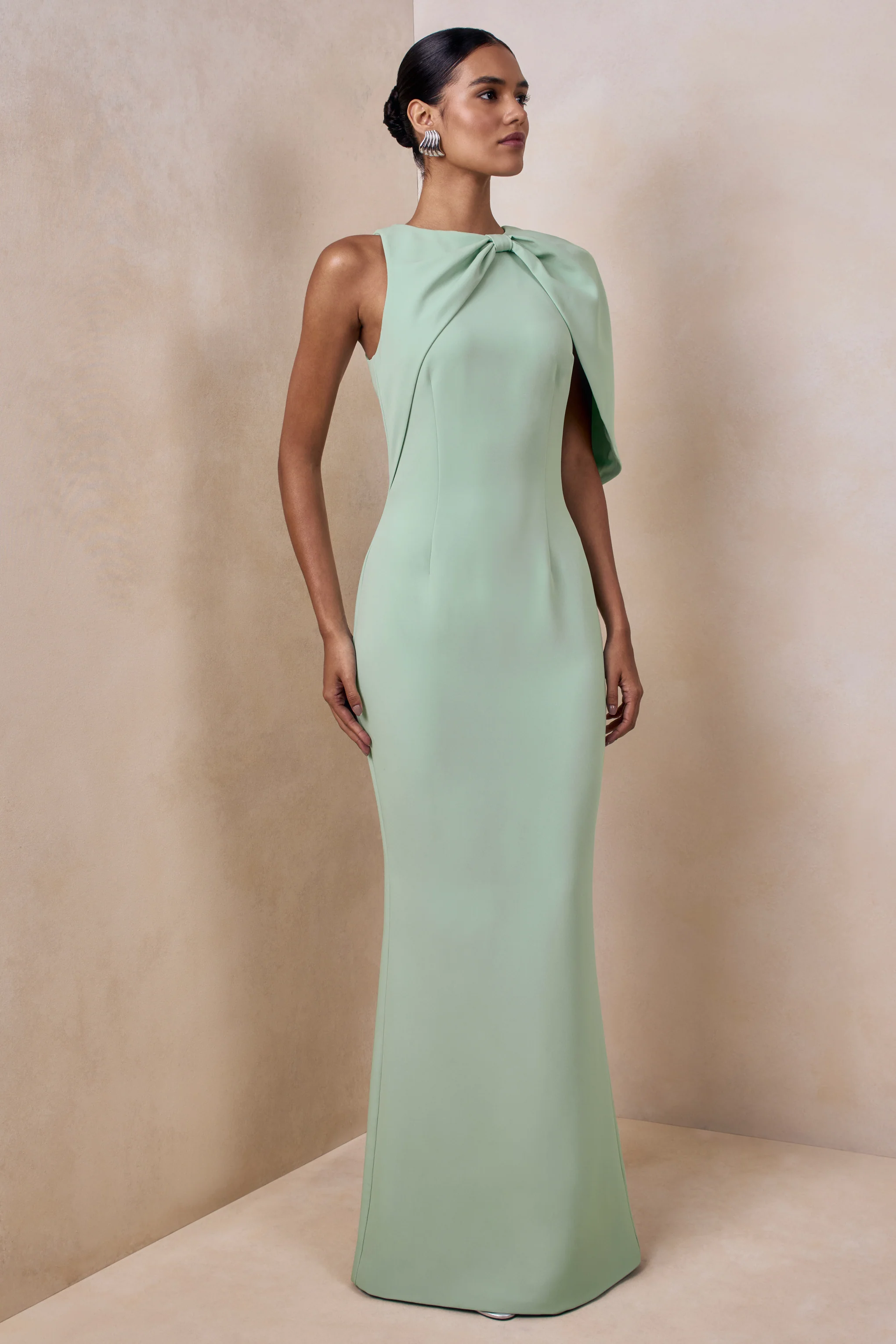 Quira | Mint Asymmetric-Neck Maxi Dress With Cape-Sleeve - Image 4