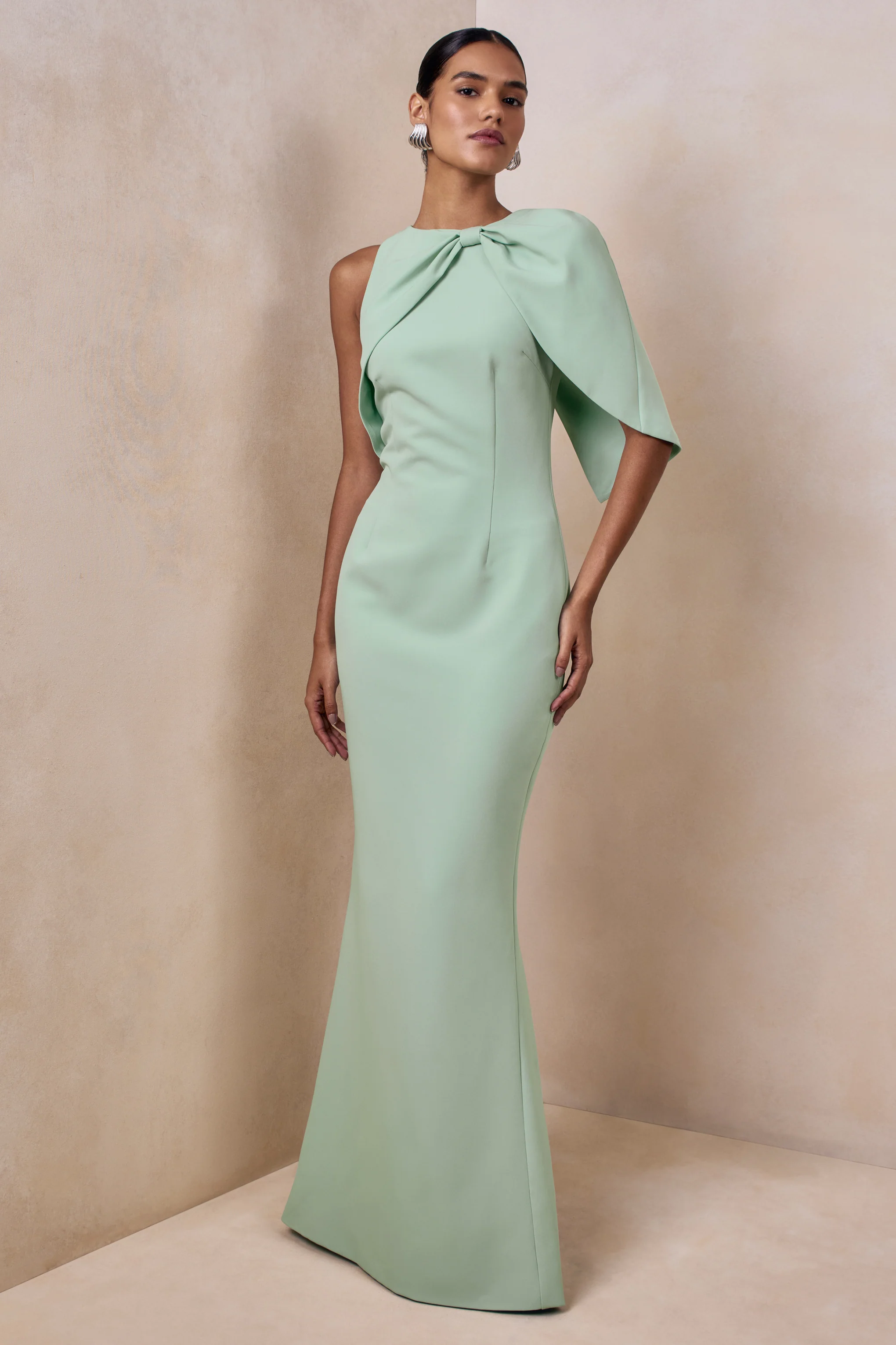 Quira | Mint Asymmetric-Neck Maxi Dress With Cape-Sleeve - Image 5