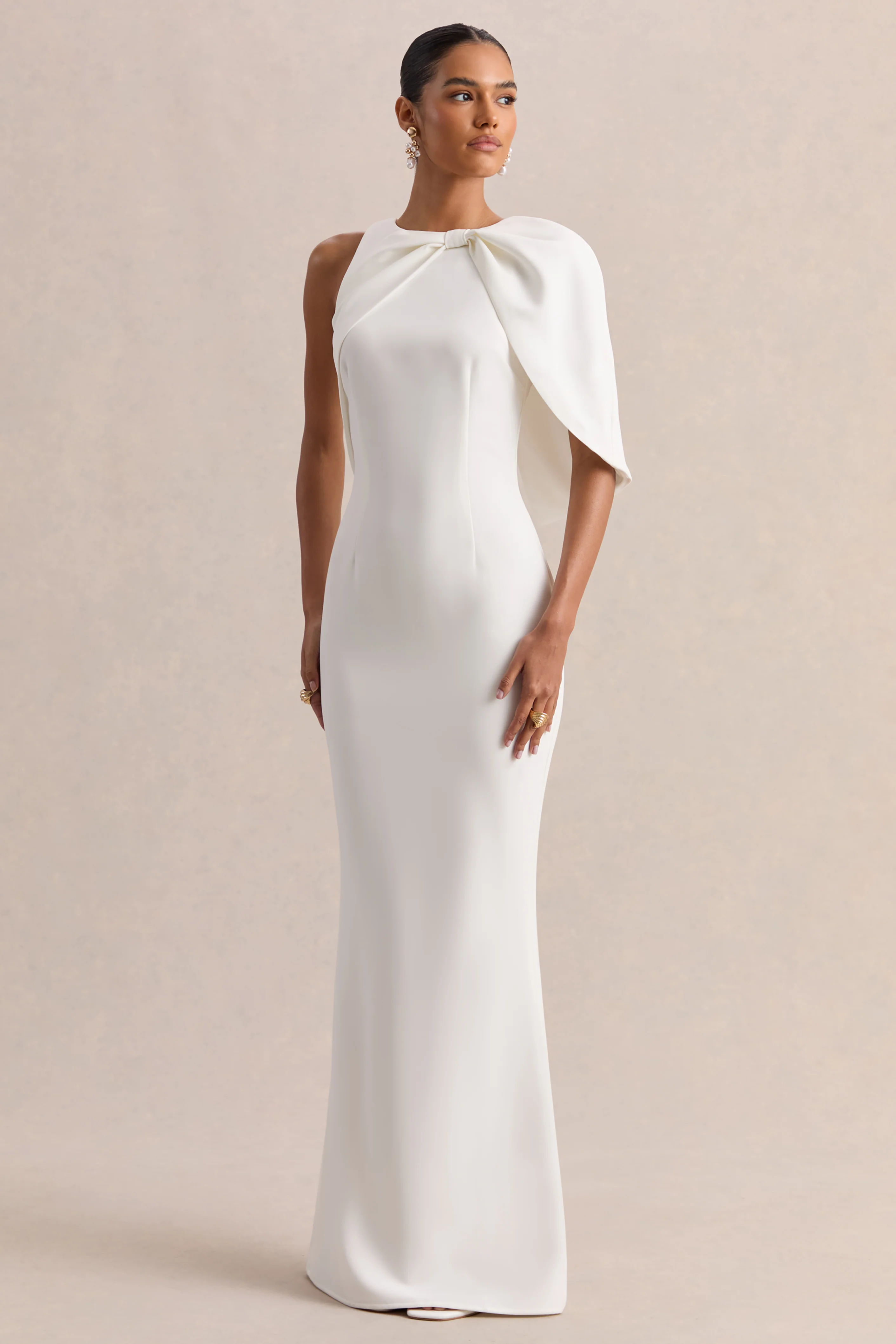 Quira | White Asymmetric-Neck Maxi Dress With Cape-Sleeve - Image 5