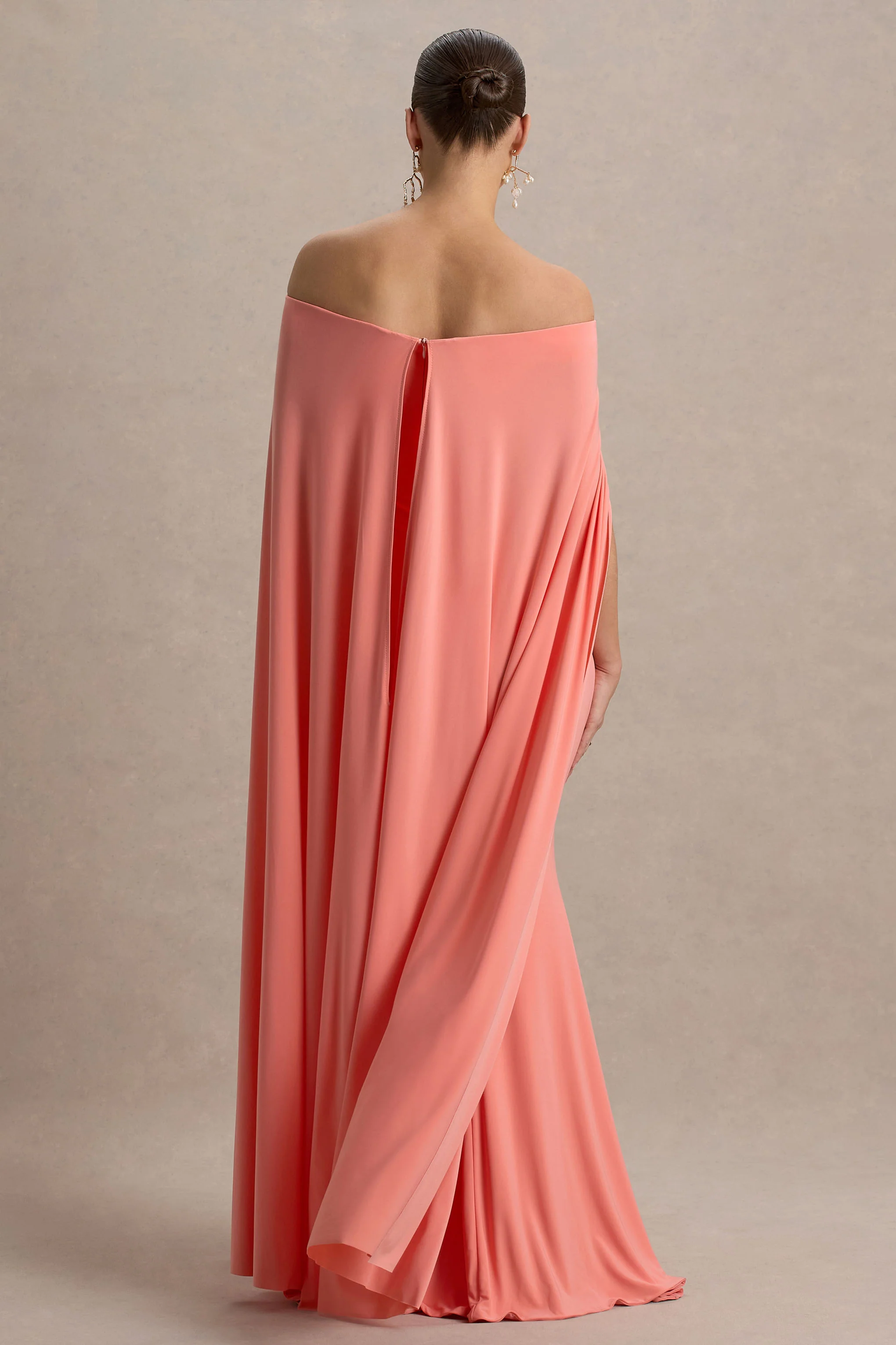 Radiance | Coral Bardot Maternity Maxi Dress With Cape - Image 2