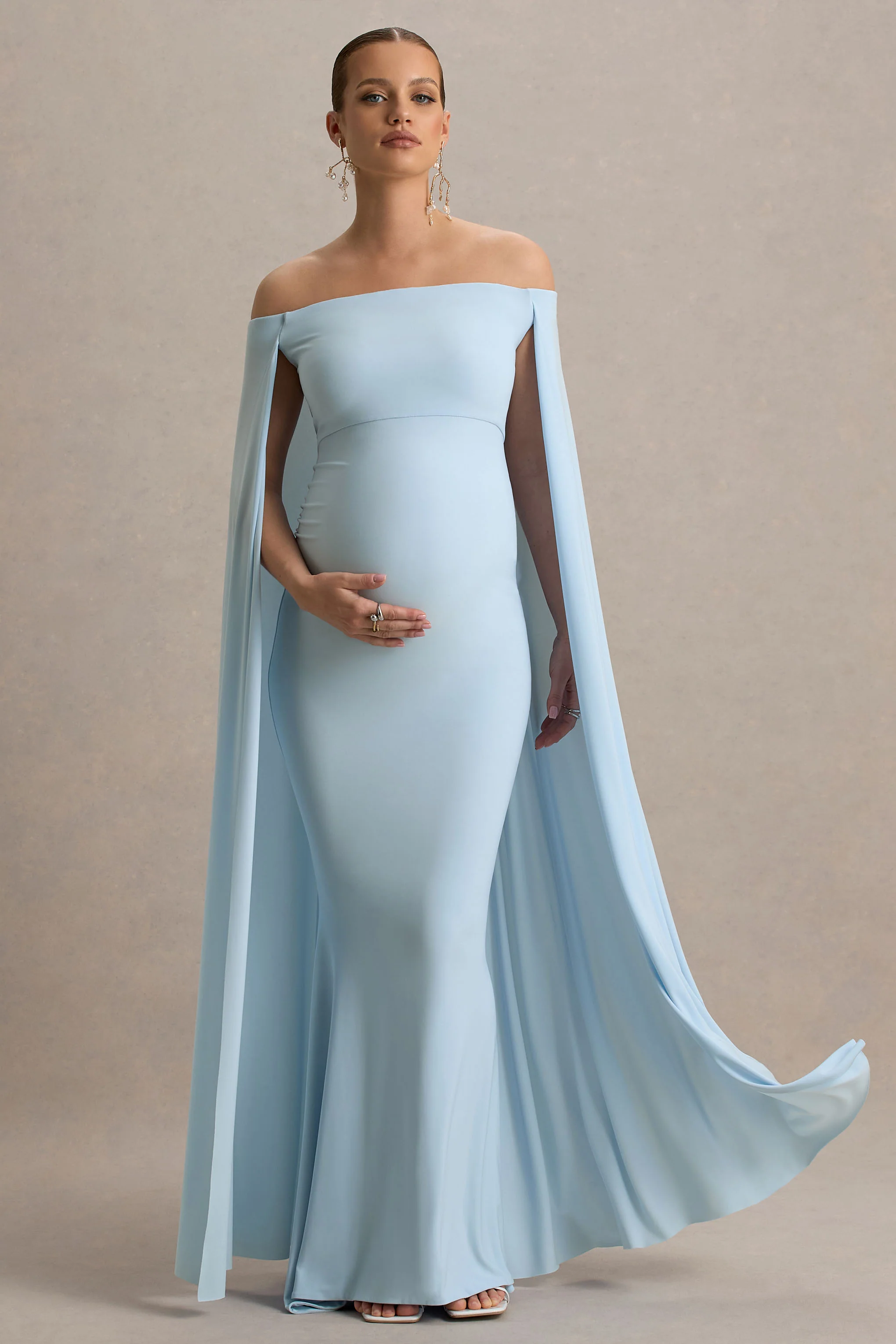 Radiance | Powder Blue Bardot Maternity Maxi Dress With Cape - Image 4