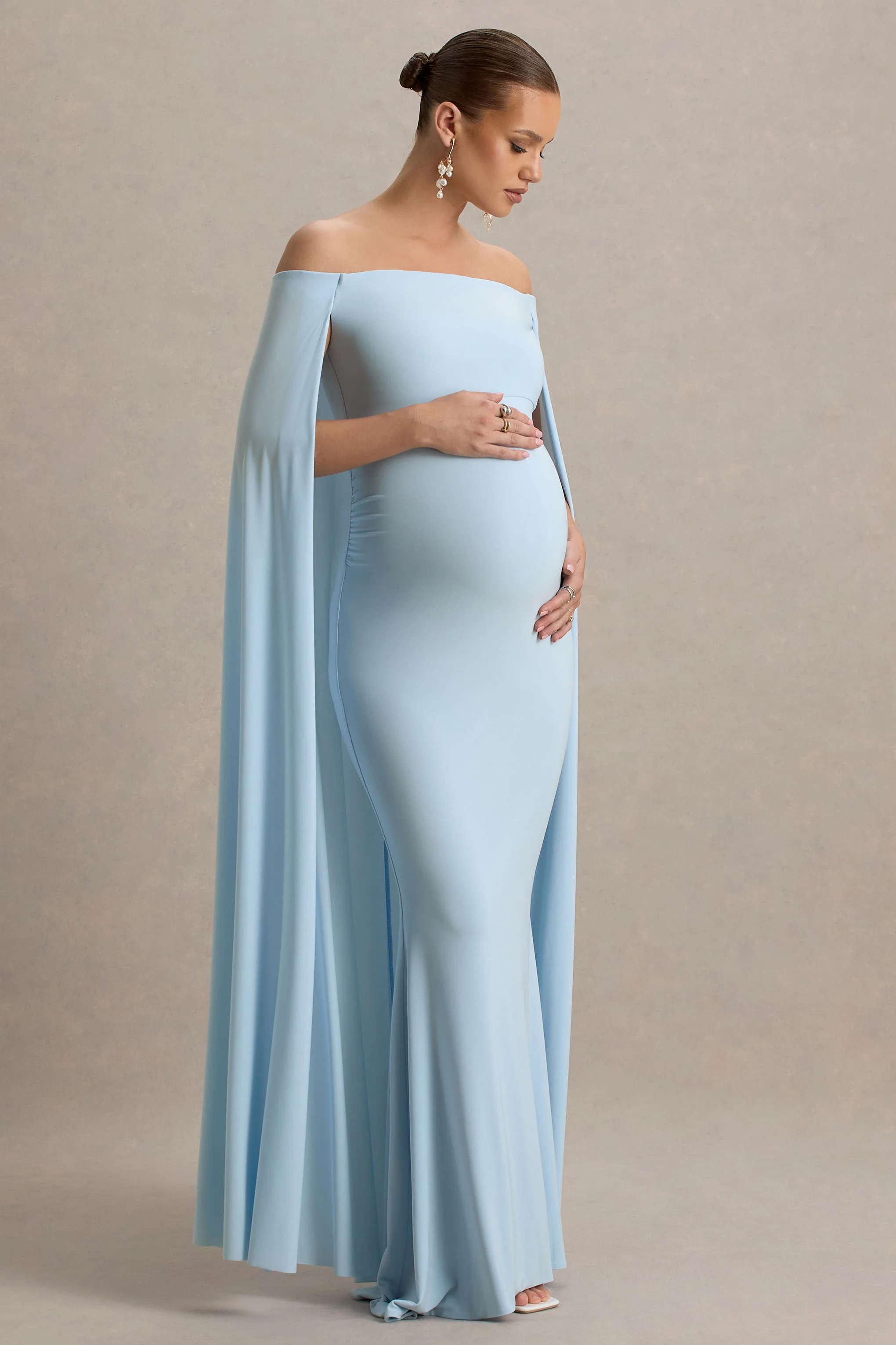 Radiance | Powder Blue Bardot Maternity Maxi Dress With Cape - Image 5