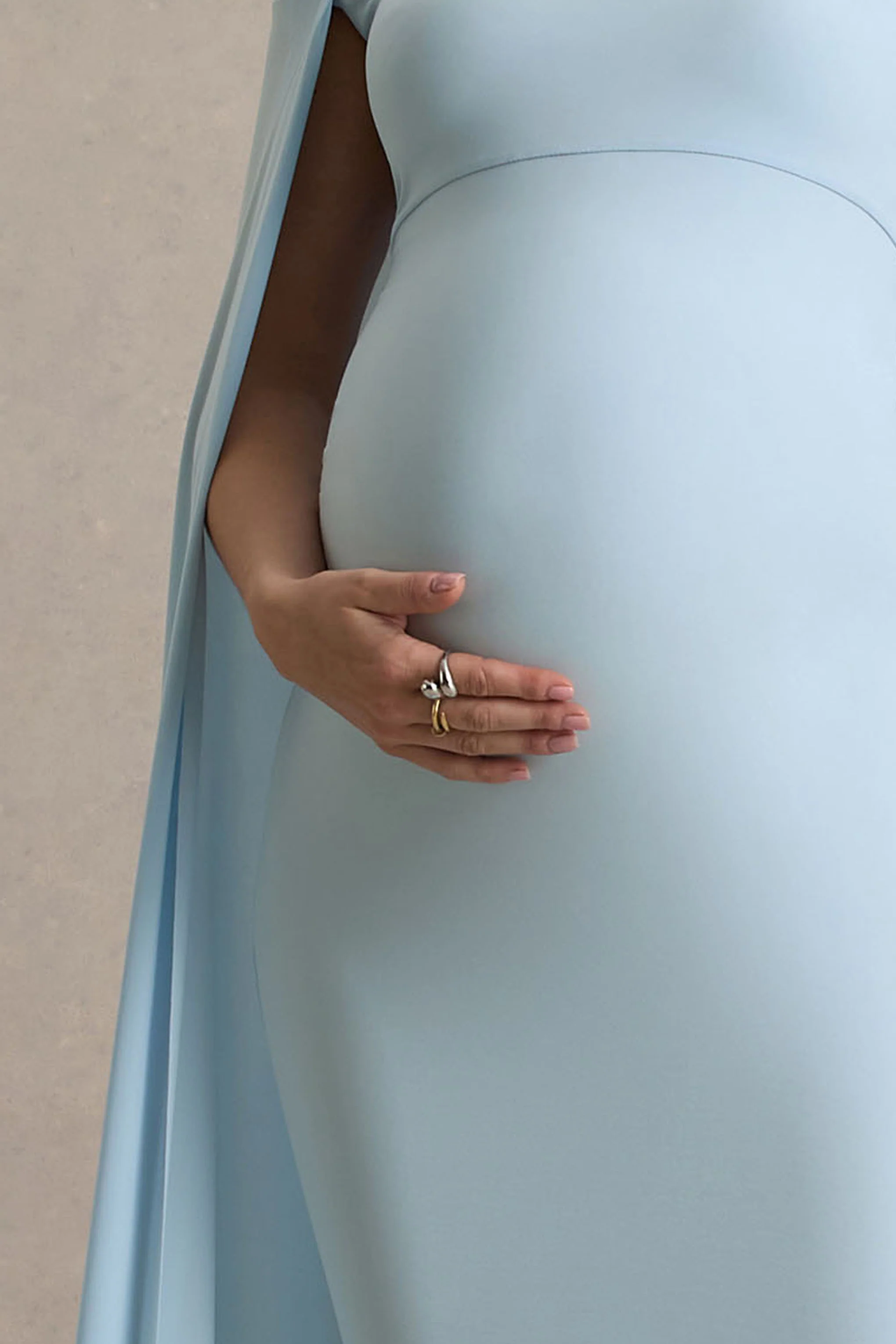 Radiance | Powder Blue Bardot Maternity Maxi Dress With Cape - Image 6