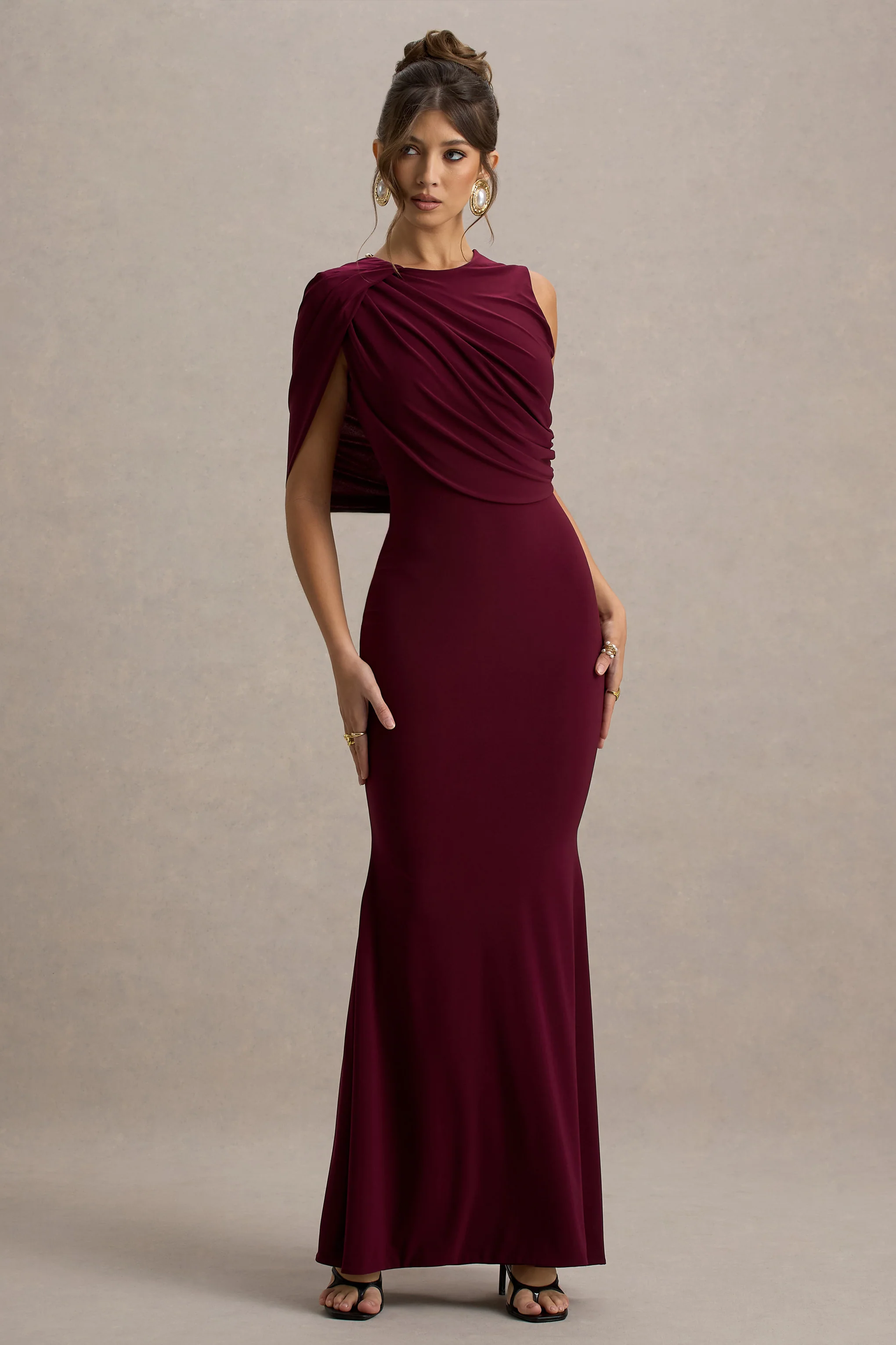 Rae | Burgundy Maxi Dress With One-Sleeve Cape - Image 4