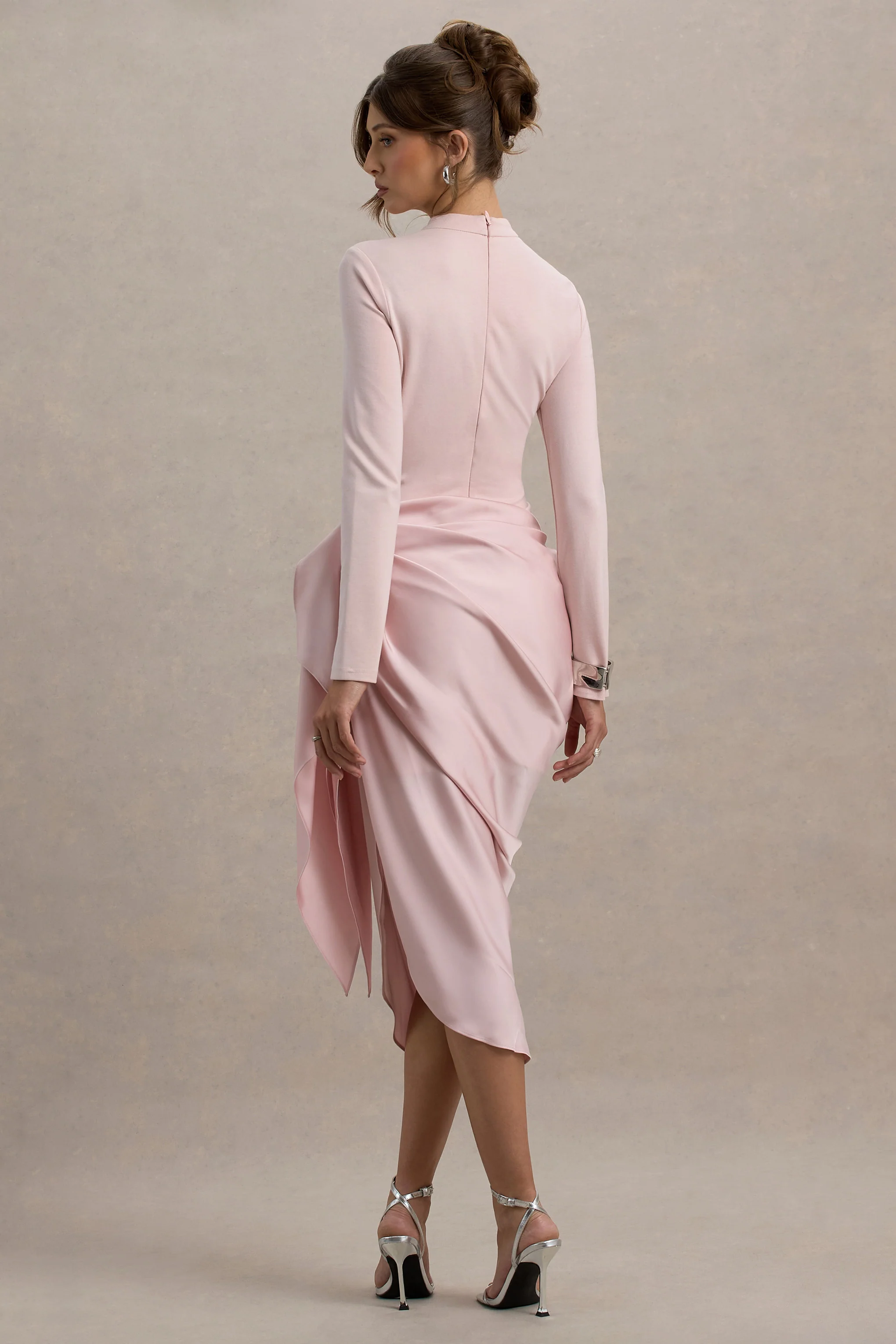 Raffie | Pink Long-Sleeve Midi Dress With Satin Wrap Skirt - Image 2