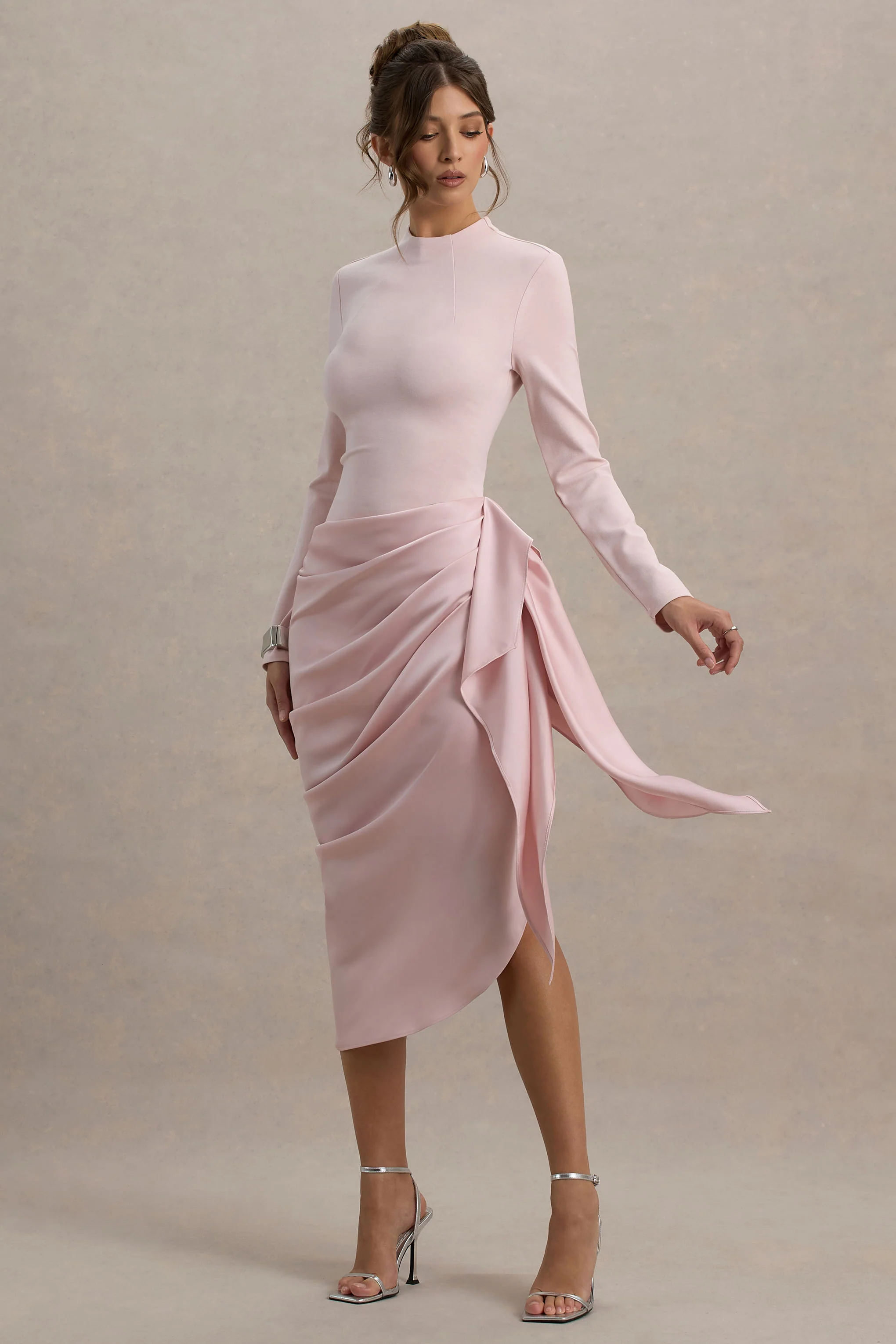 Raffie | Pink Long-Sleeve Midi Dress With Satin Wrap Skirt - Image 3