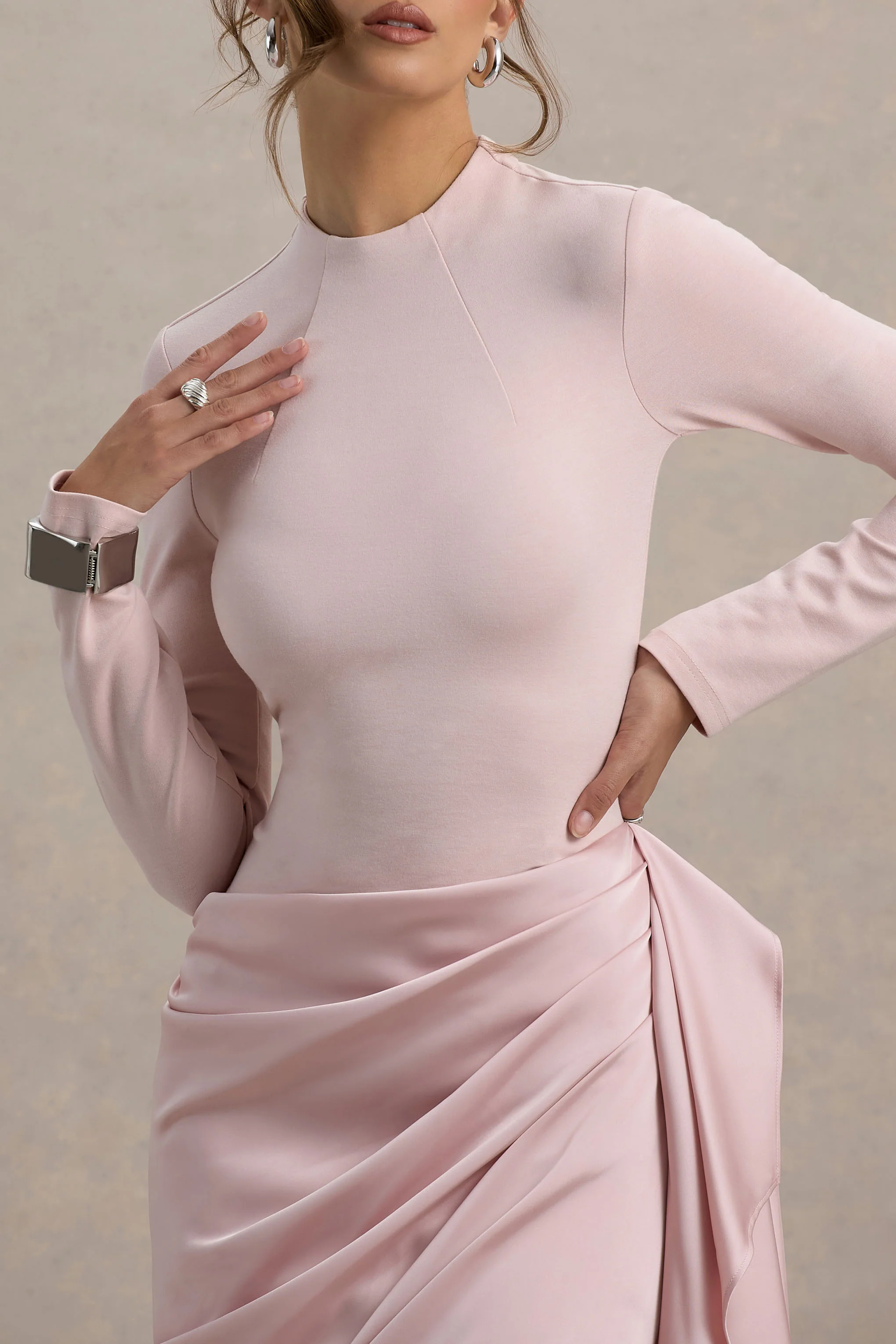 Raffie | Pink Long-Sleeve Midi Dress With Satin Wrap Skirt - Image 5