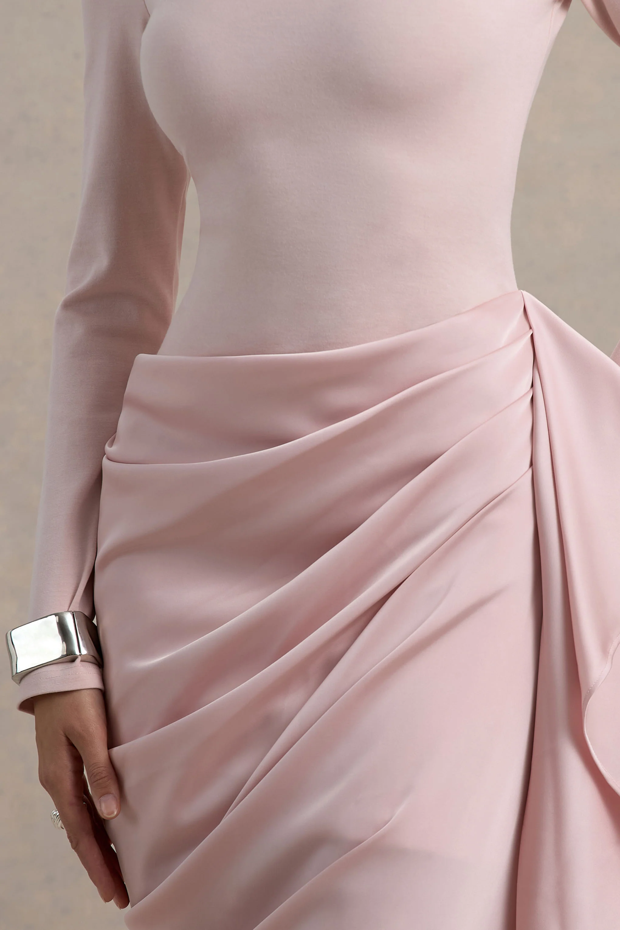 Raffie | Pink Long-Sleeve Midi Dress With Satin Wrap Skirt - Image 6