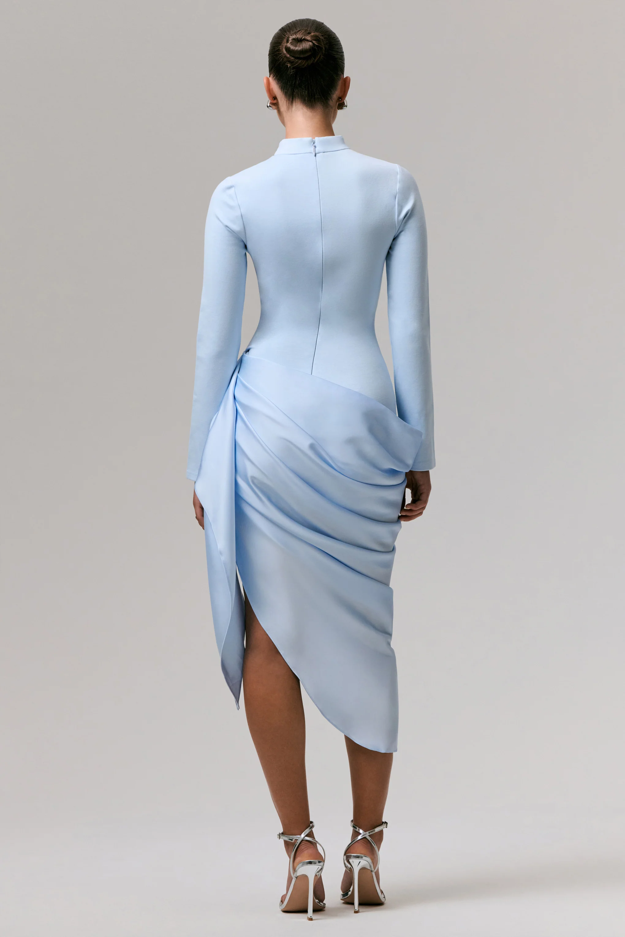 Raffie | Powder Blue Long-Sleeve Midi Dress With Satin Wrap Skirt - Image 2