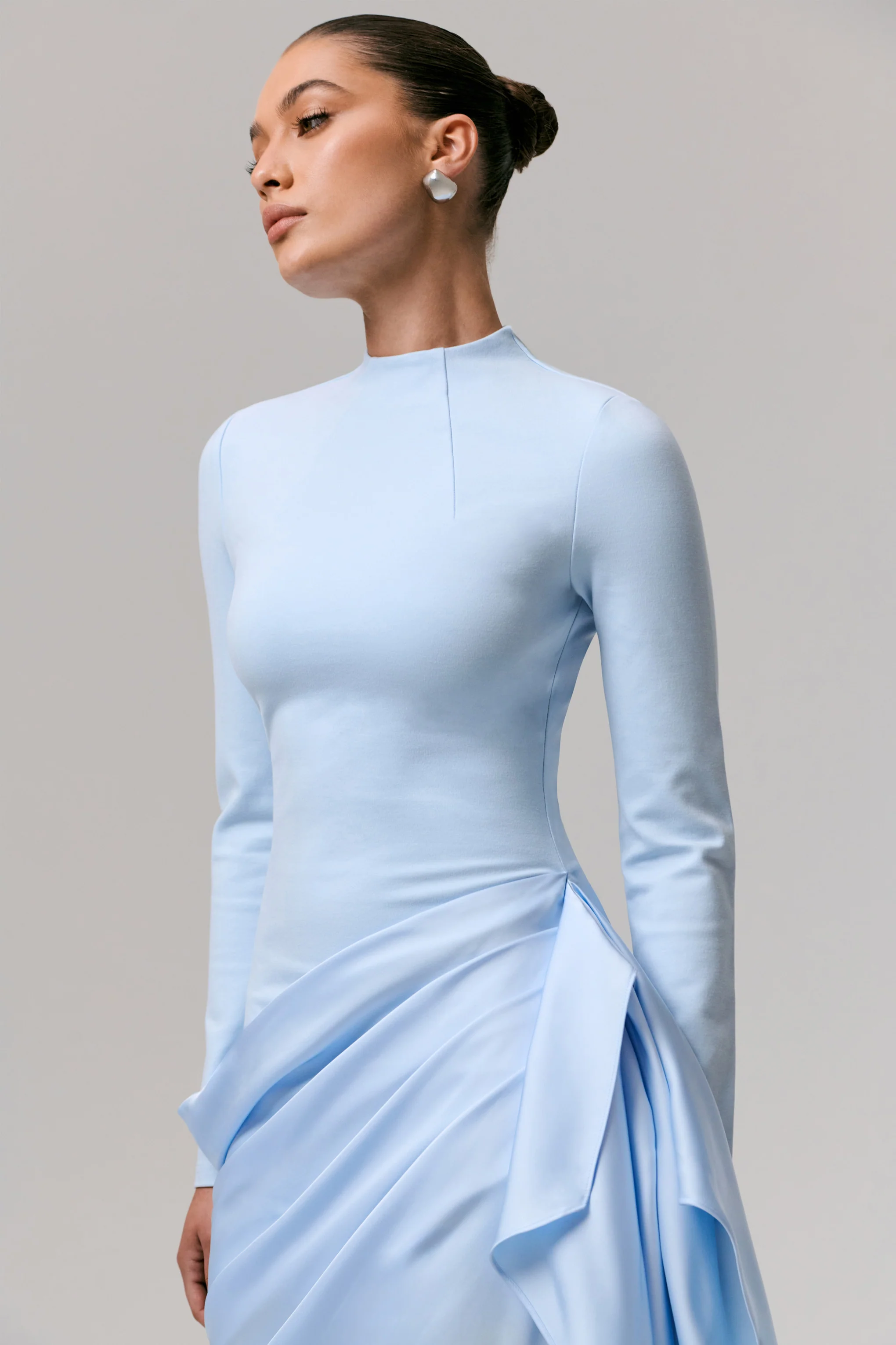 Raffie | Powder Blue Long-Sleeve Midi Dress With Satin Wrap Skirt - Image 5