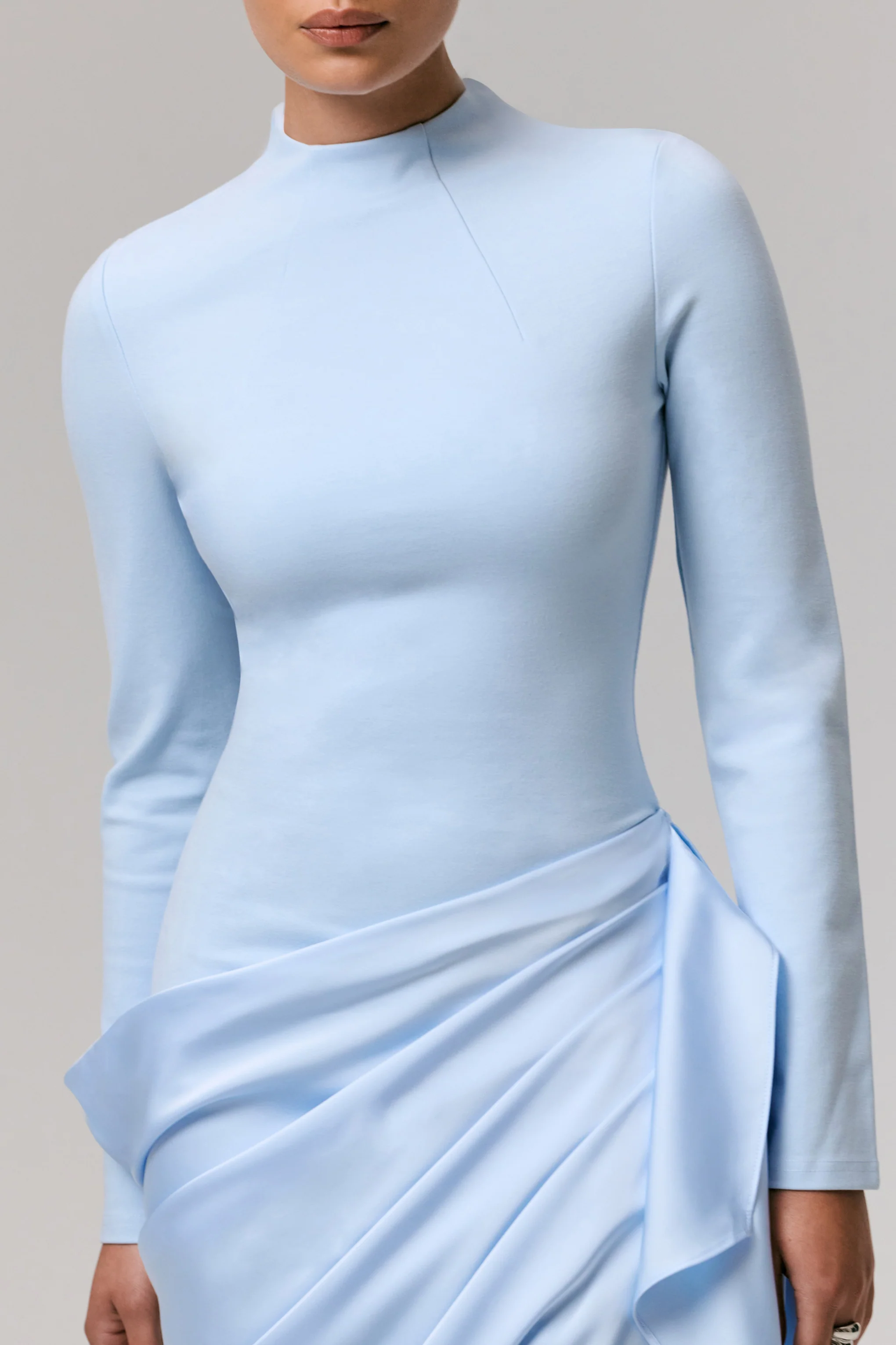 Raffie | Powder Blue Long-Sleeve Midi Dress With Satin Wrap Skirt - Image 6
