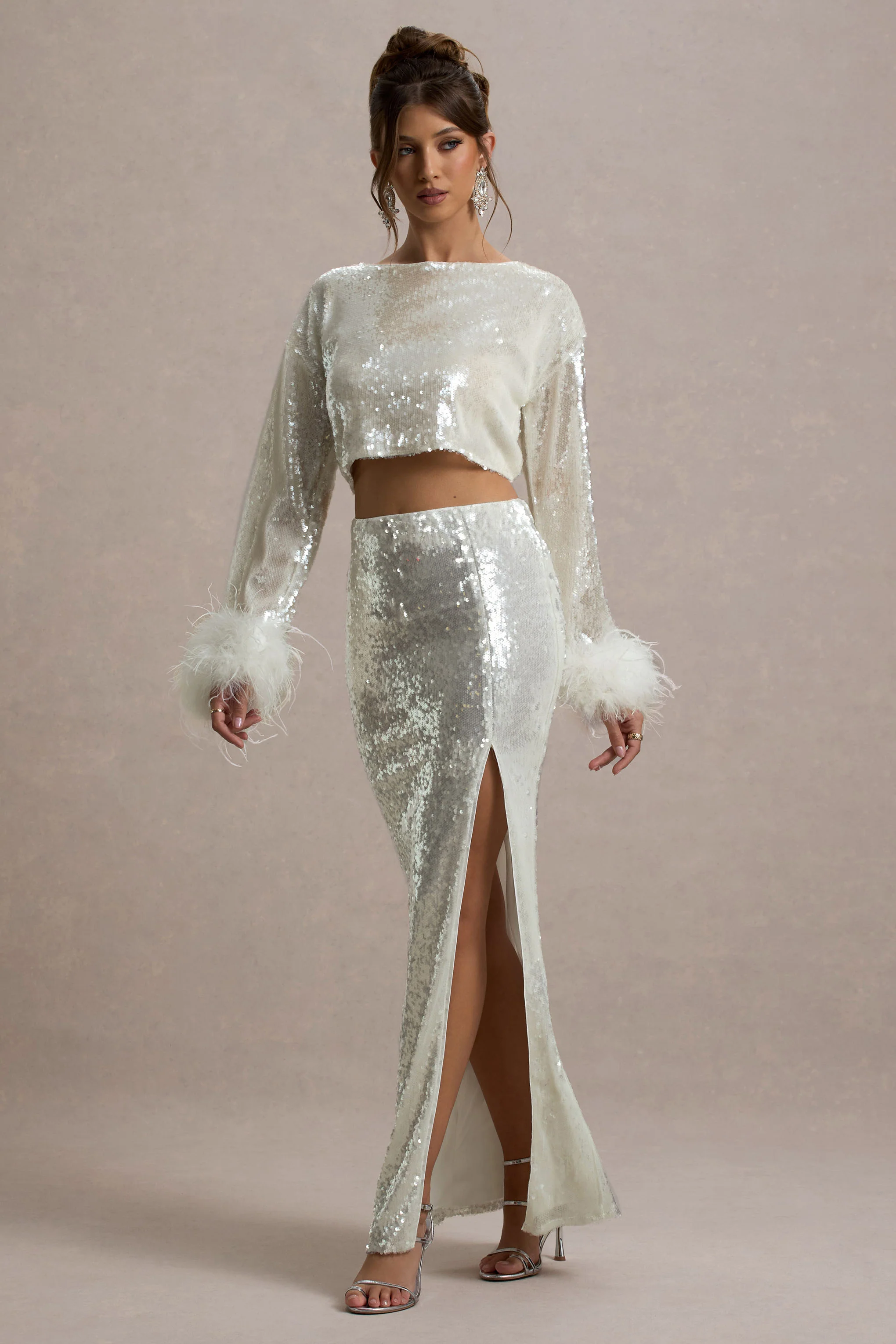 Raia | Sand Sequin Split Maxi Skirt - Image 7