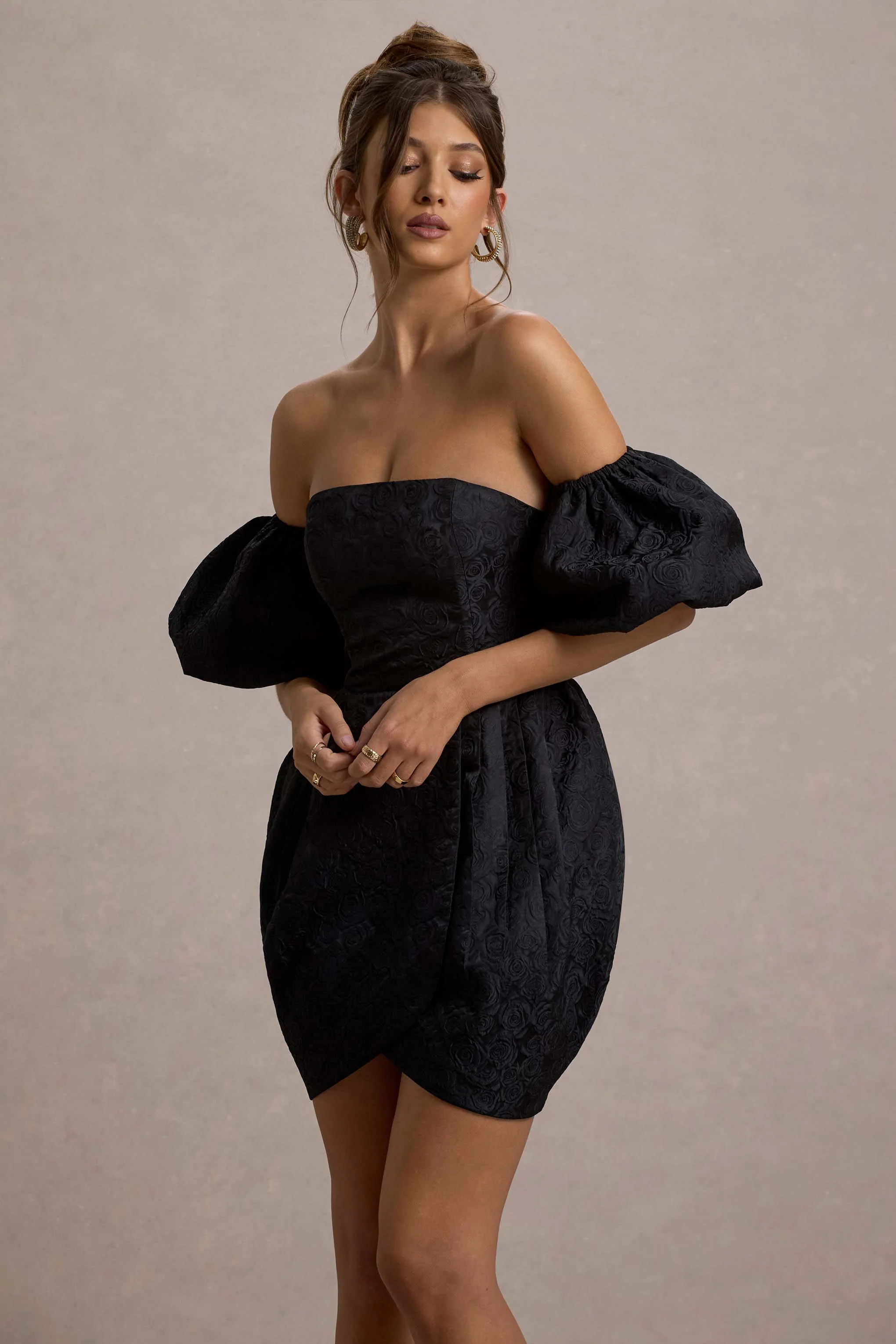 Ramone | Black Bardot Mini Dress With Tulip Hem - Image 3