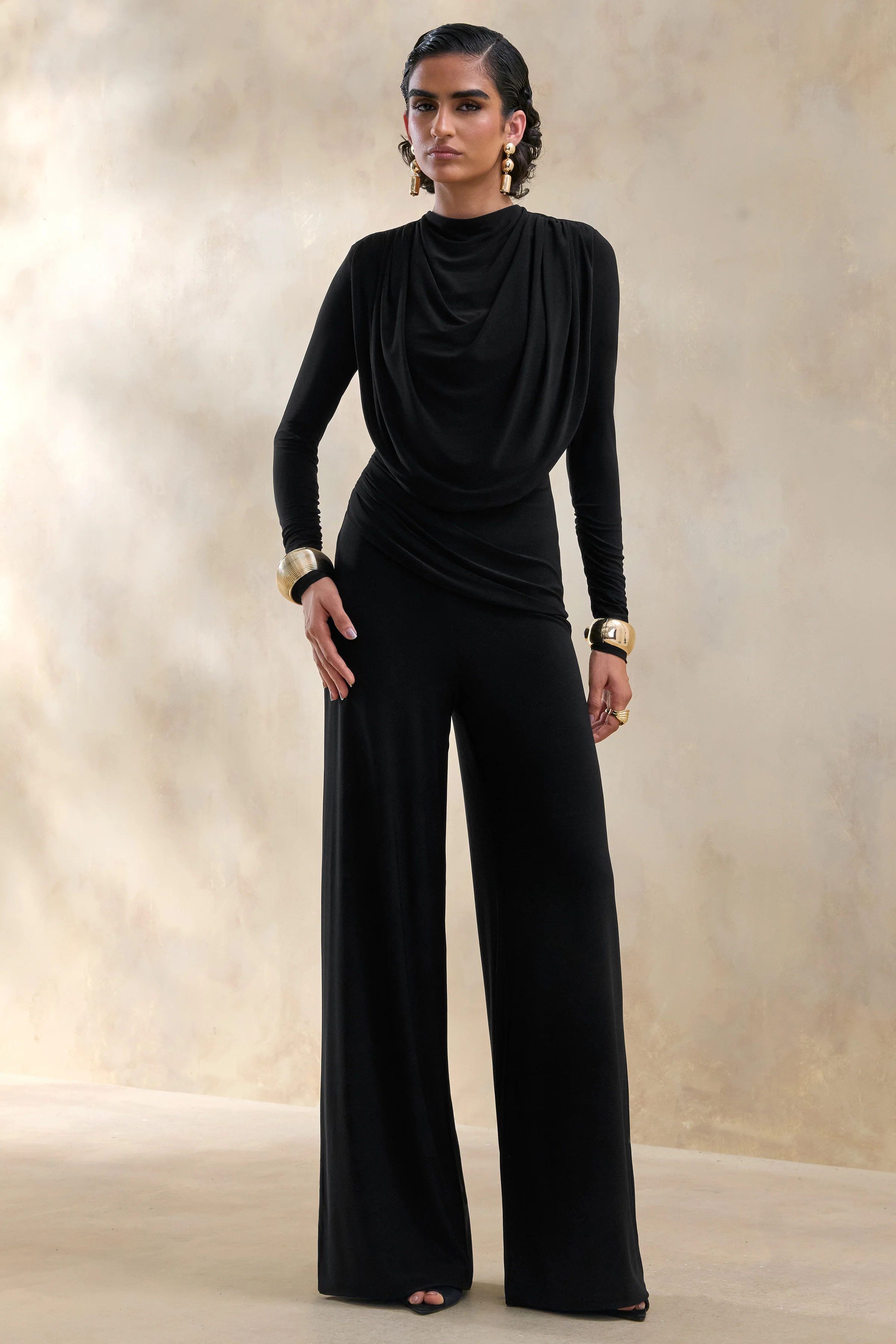Raniella | Black High-Neck Top With Gathered And Draped-Detailing - Image 2