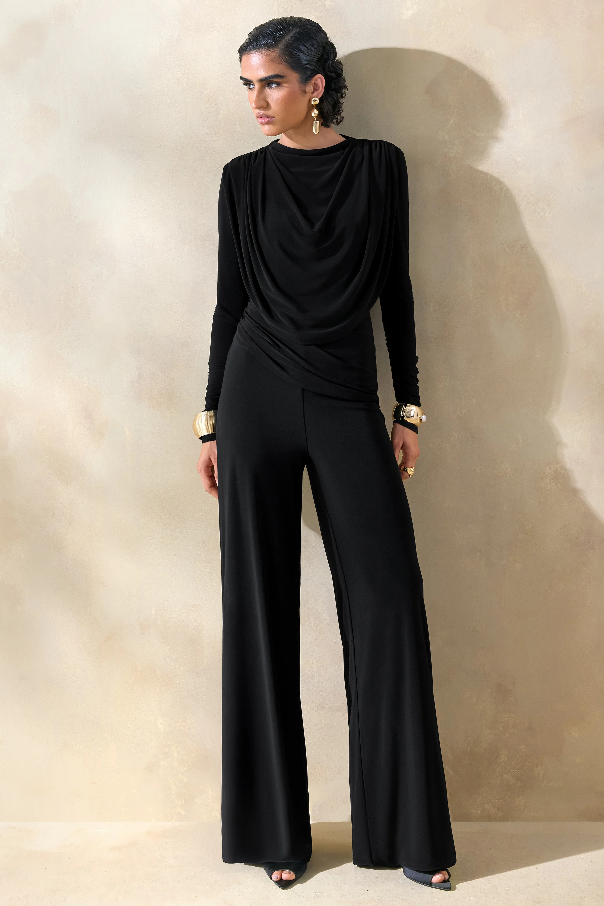 Raniella | Black High-Neck Top With Gathered And Draped-Detailing - Image 4