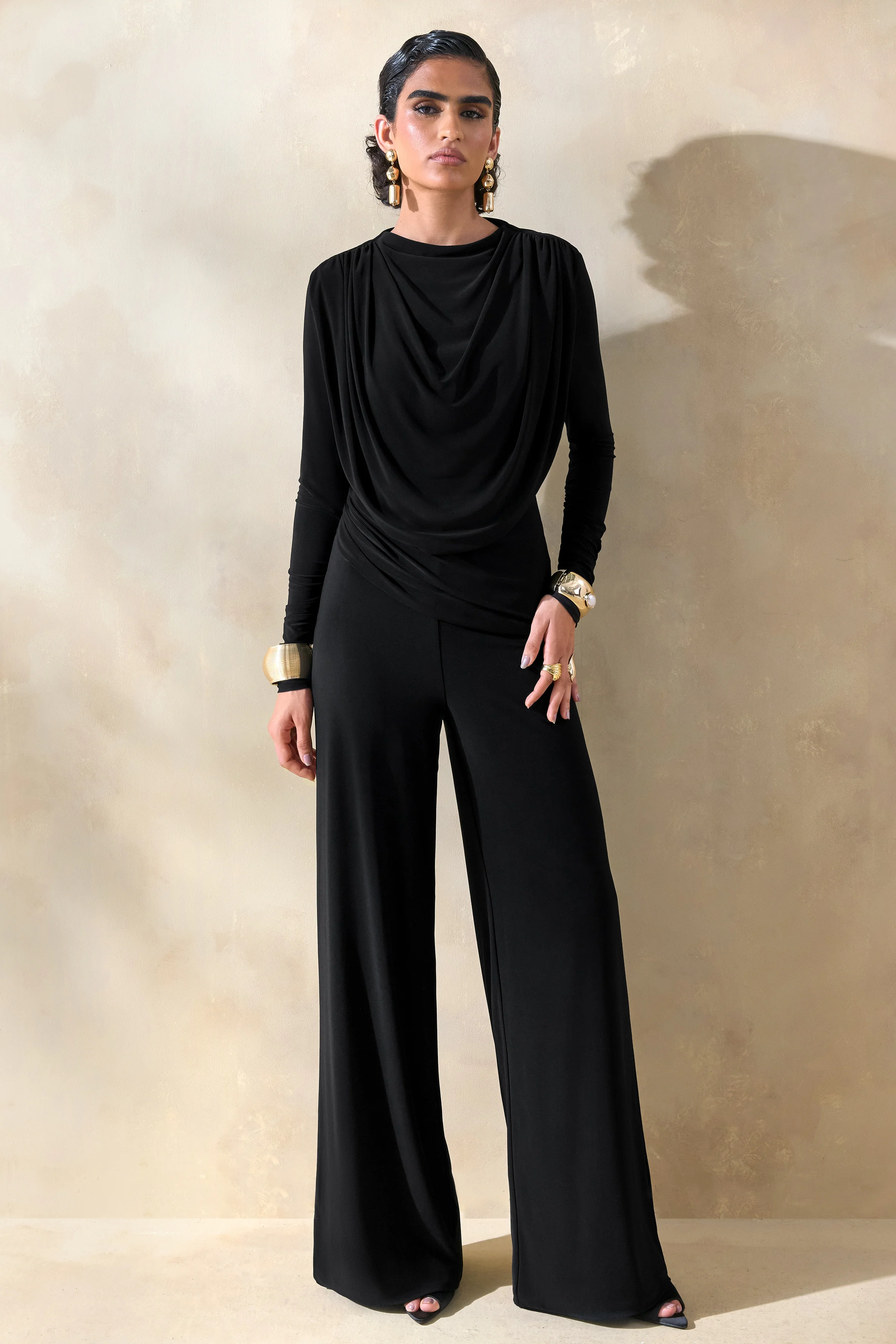 Raniella | Black High-Neck Top With Gathered And Draped-Detailing - Image 5
