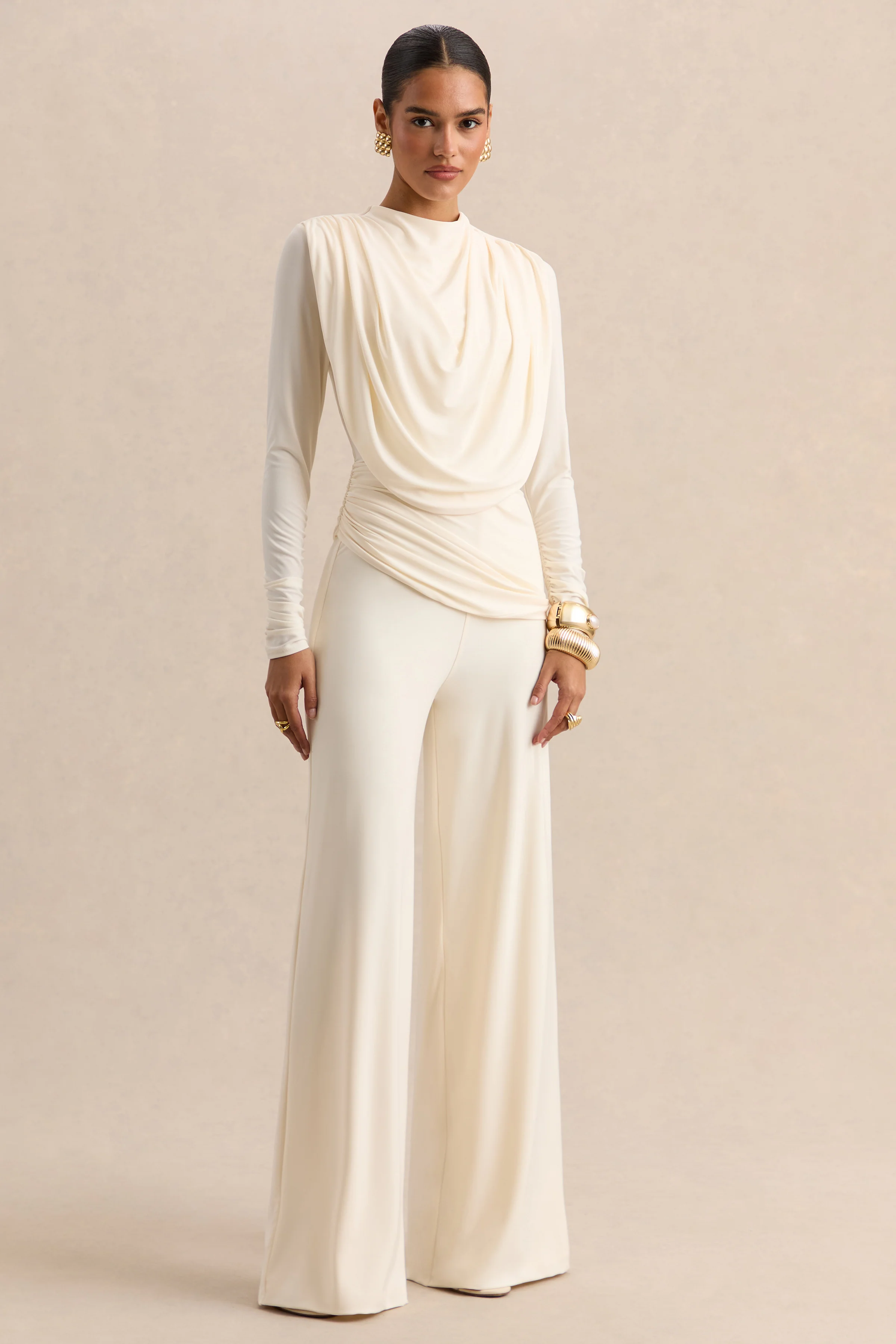 Raniella | White High-Neck Top With Gathered And Draped-Detailing - Image 2