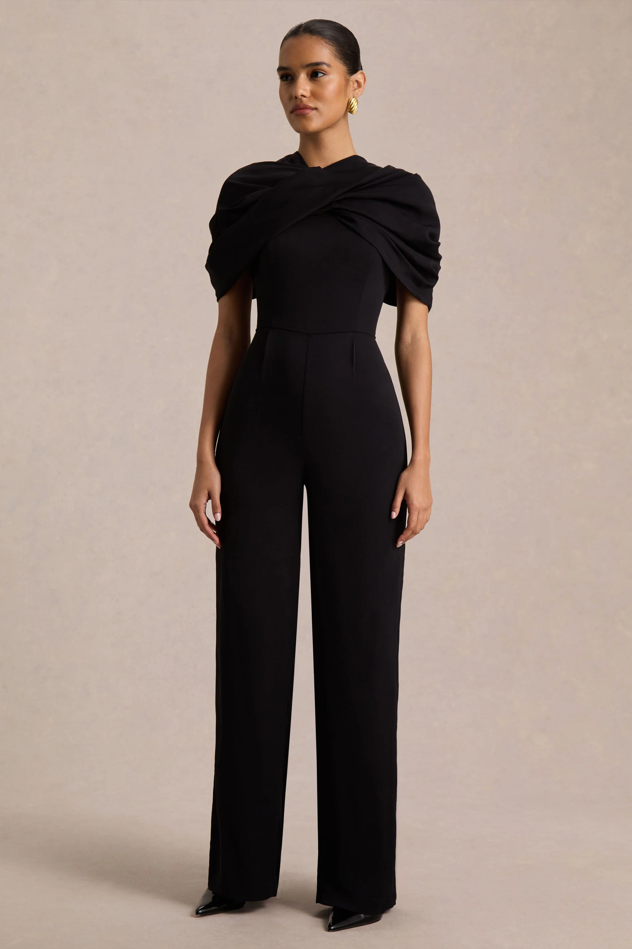Raquel | Black Asymmetric-Neck Jumpsuit With Twisted Cape Detail - Image 5
