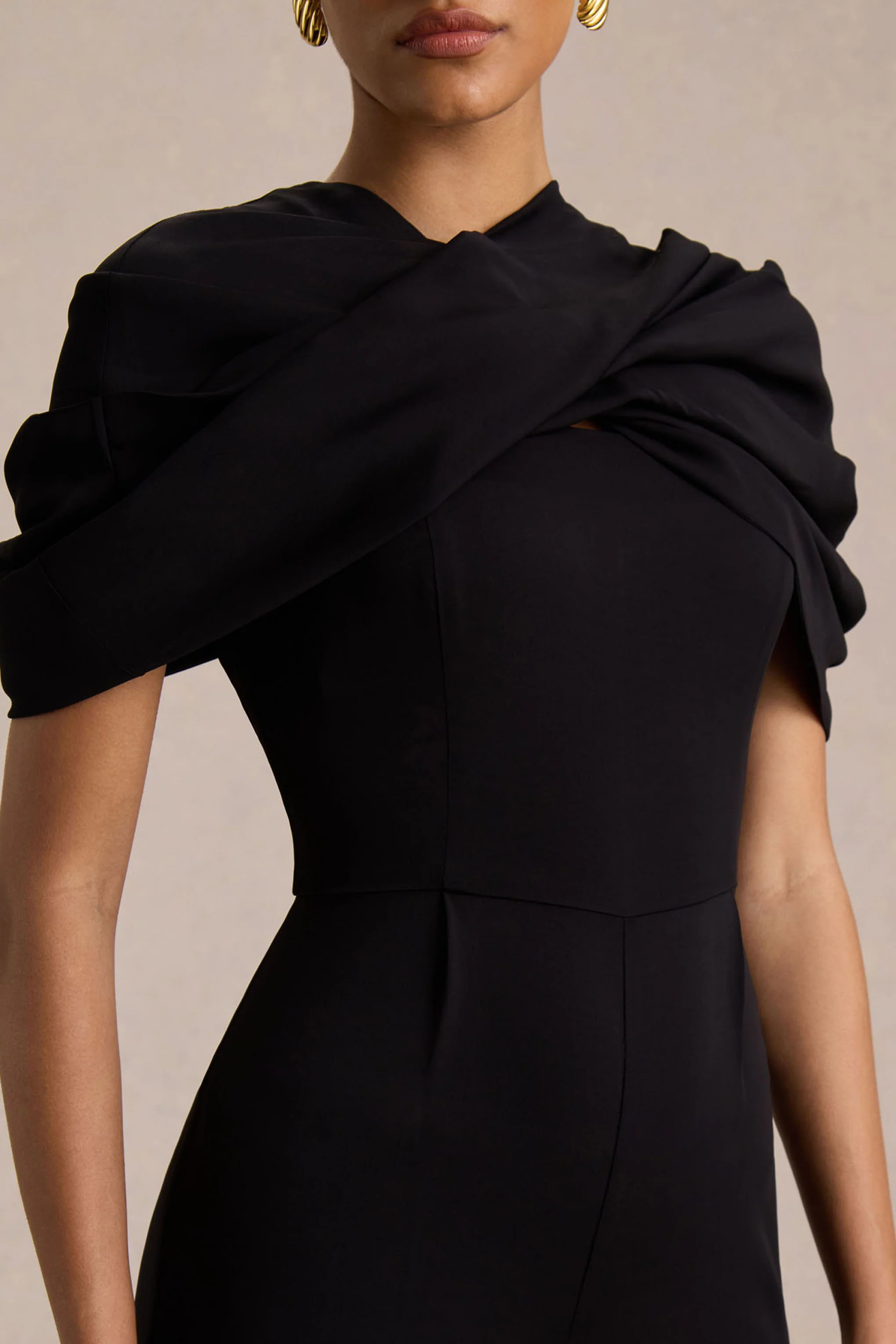 Raquel | Black Asymmetric-Neck Jumpsuit With Twisted Cape Detail - Image 6