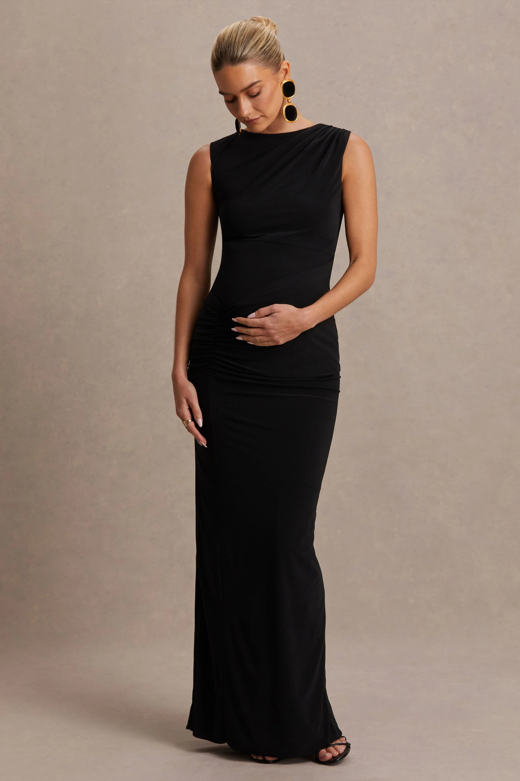 Raven | Black Boat-Neck Maternity Maxi Dress With Gathered-Detailing - Image 4