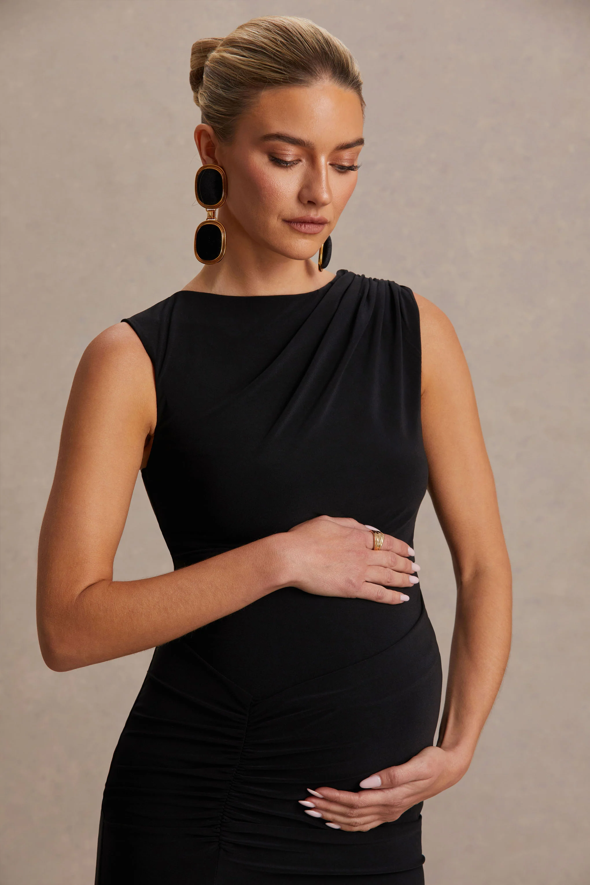 Raven | Black Boat-Neck Maternity Maxi Dress With Gathered-Detailing - Image 6