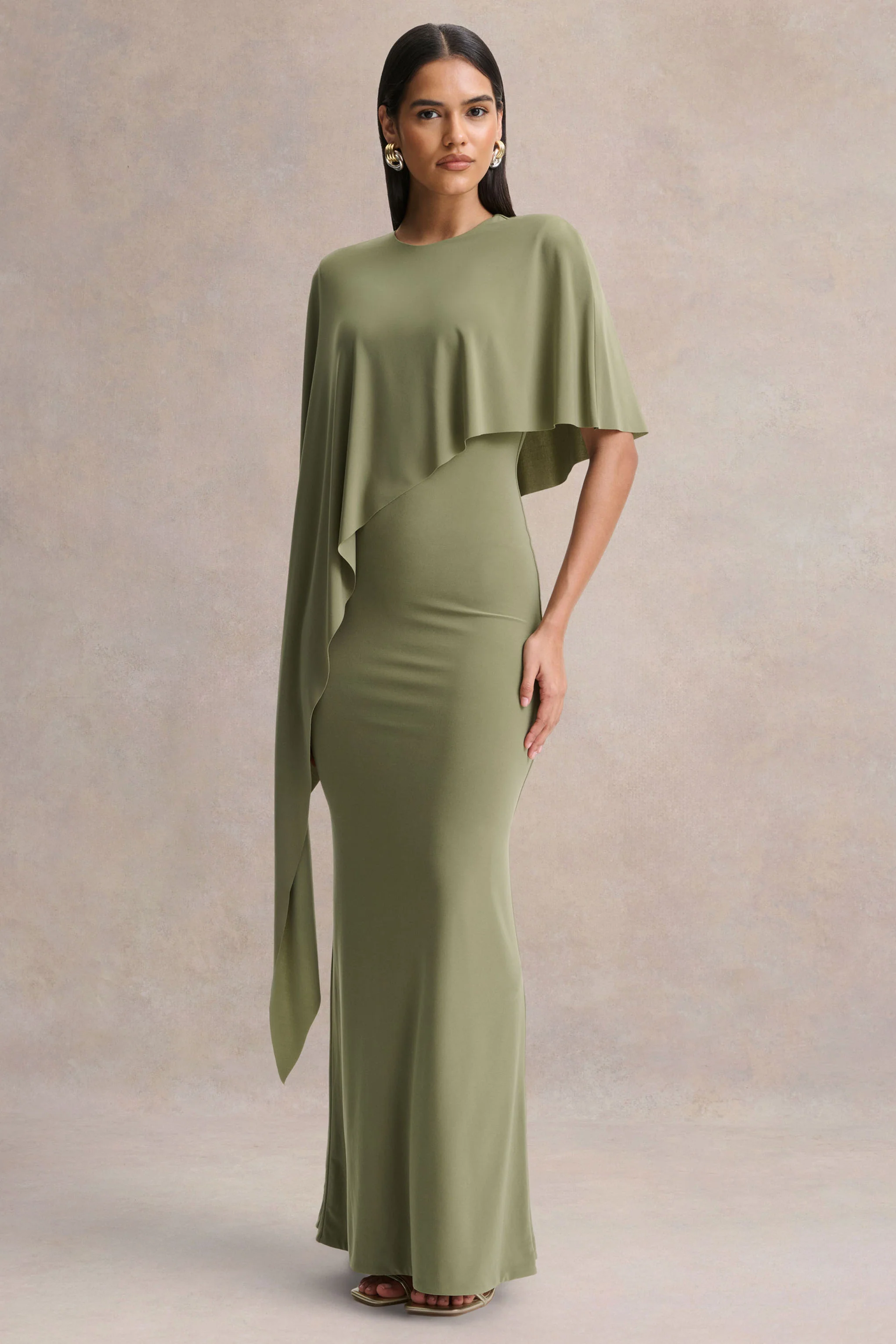Ravena | Olive Crew-Neck Maxi Dress With Asymmetric-Cape Sleeve - Image 4
