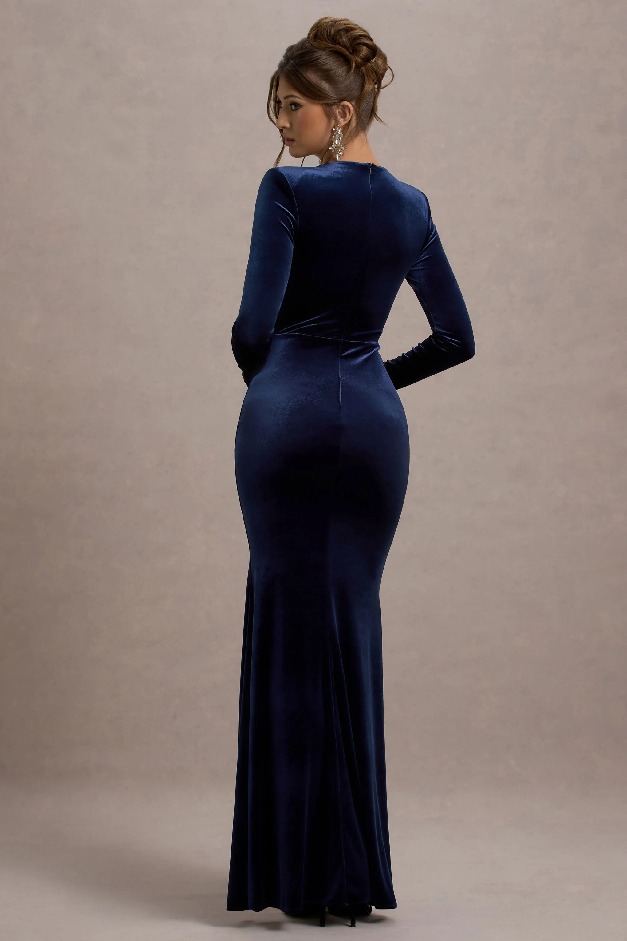 Rayla | Navy Velvet Maxi Dress With Split - Image 2