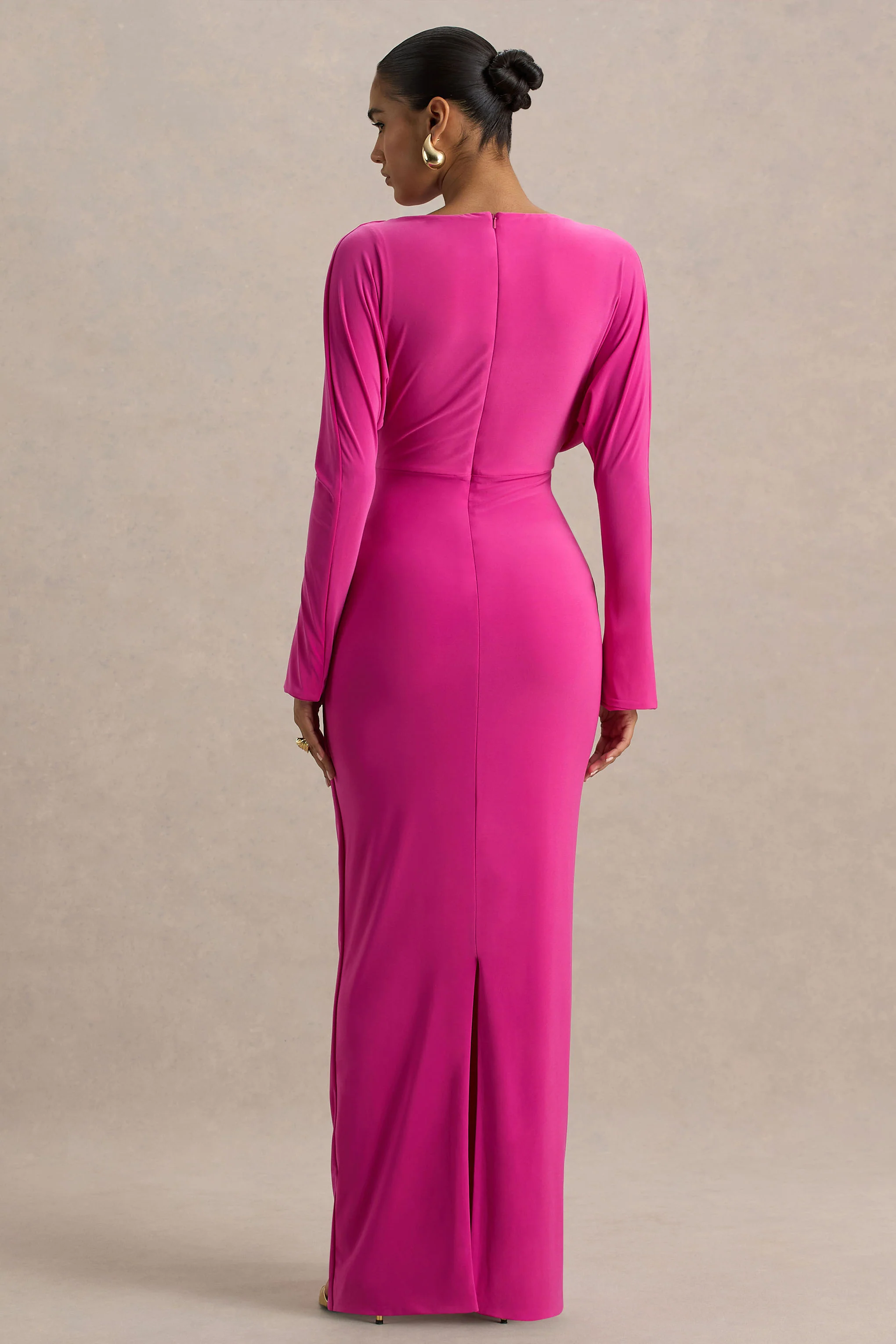 Regina | Hot Pink Slashed-Neck Draped Wrap Maxi Dress - Image 2