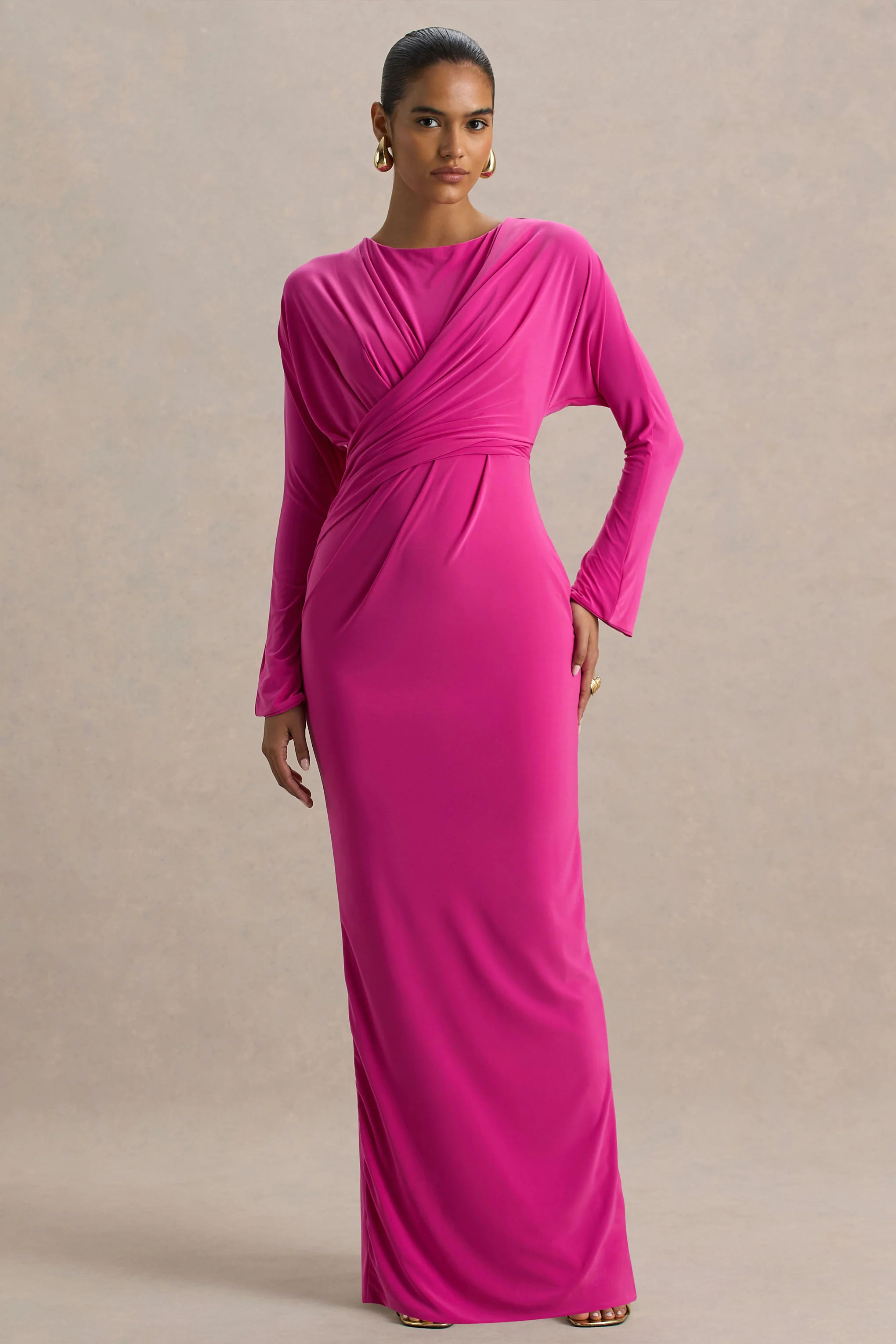 Regina | Hot Pink Slashed-Neck Draped Wrap Maxi Dress - Image 3