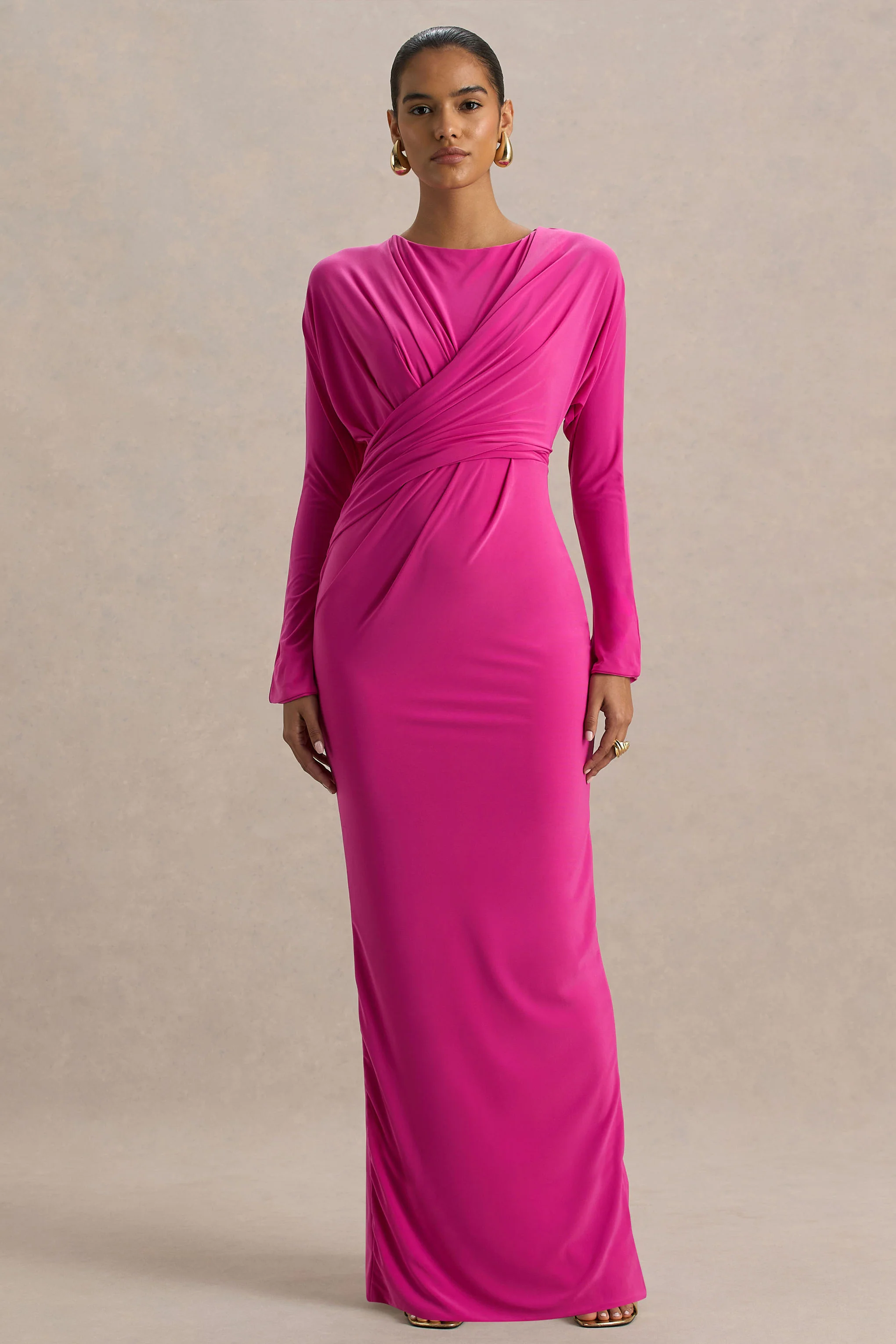 Regina | Hot Pink Slashed-Neck Draped Wrap Maxi Dress - Image 4
