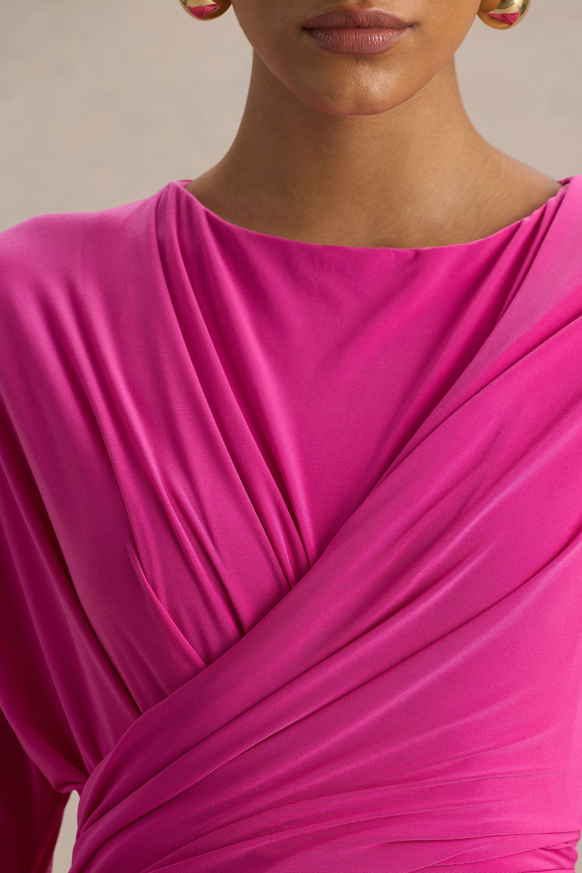 Regina | Hot Pink Slashed-Neck Draped Wrap Maxi Dress - Image 6