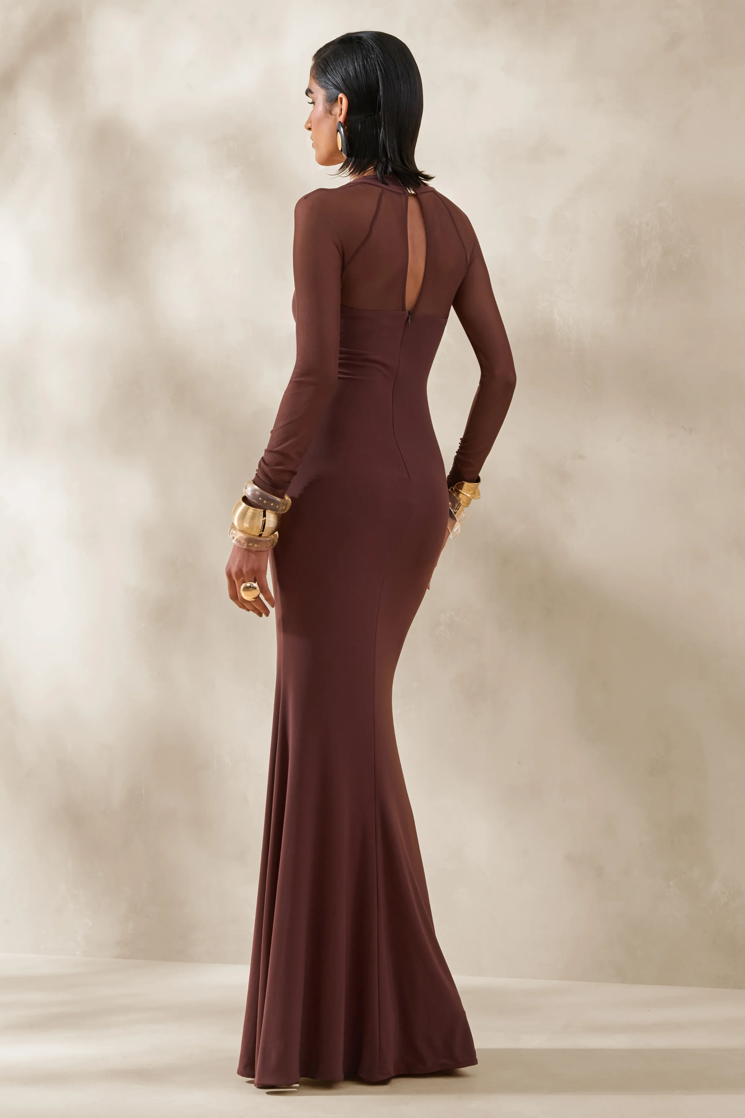 Renalia | Brown Square-Neck Maxi Dress With Mesh Long-Sleeves - Image 2