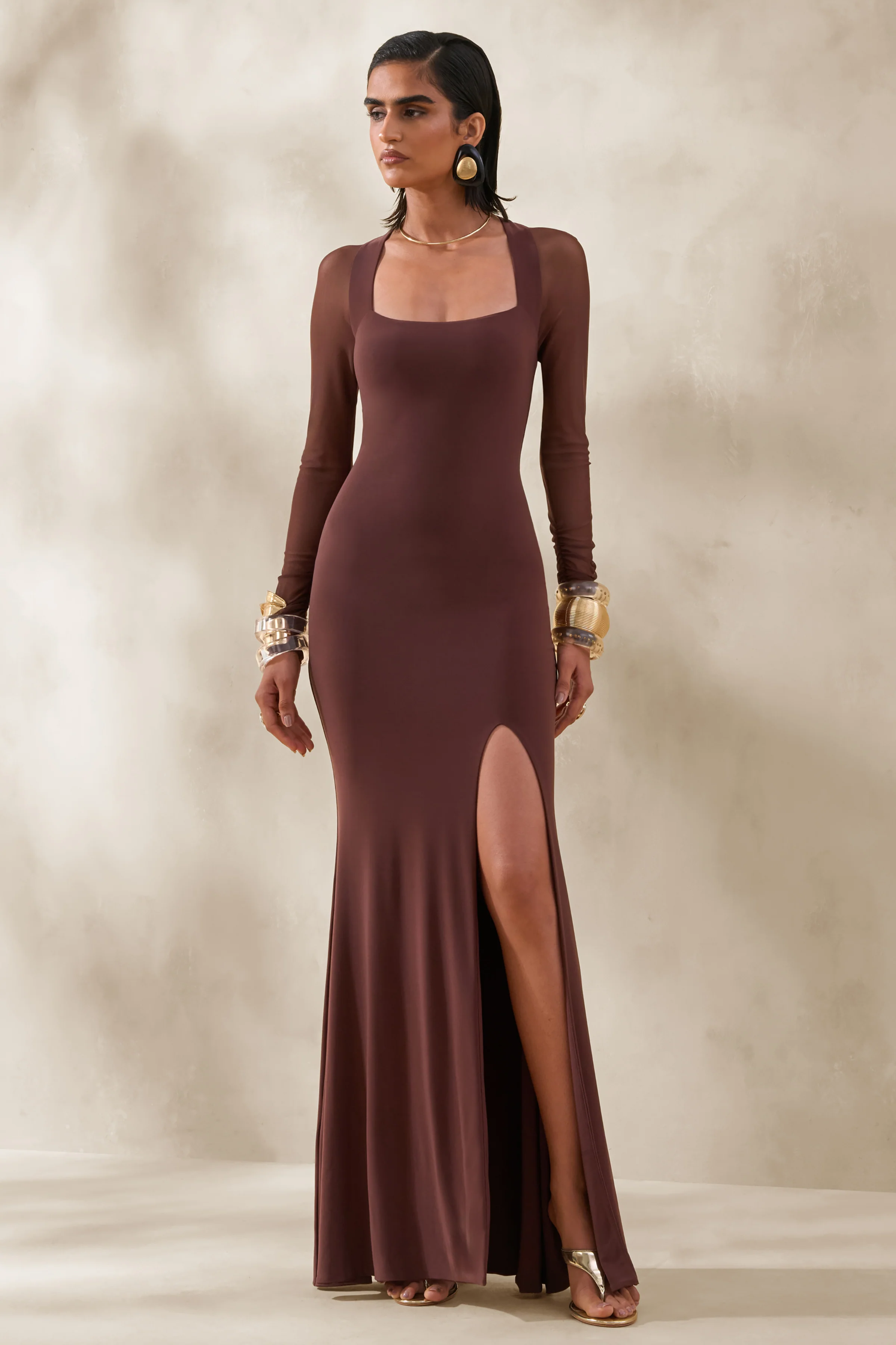 Renalia | Brown Square-Neck Maxi Dress With Mesh Long-Sleeves - Image 4