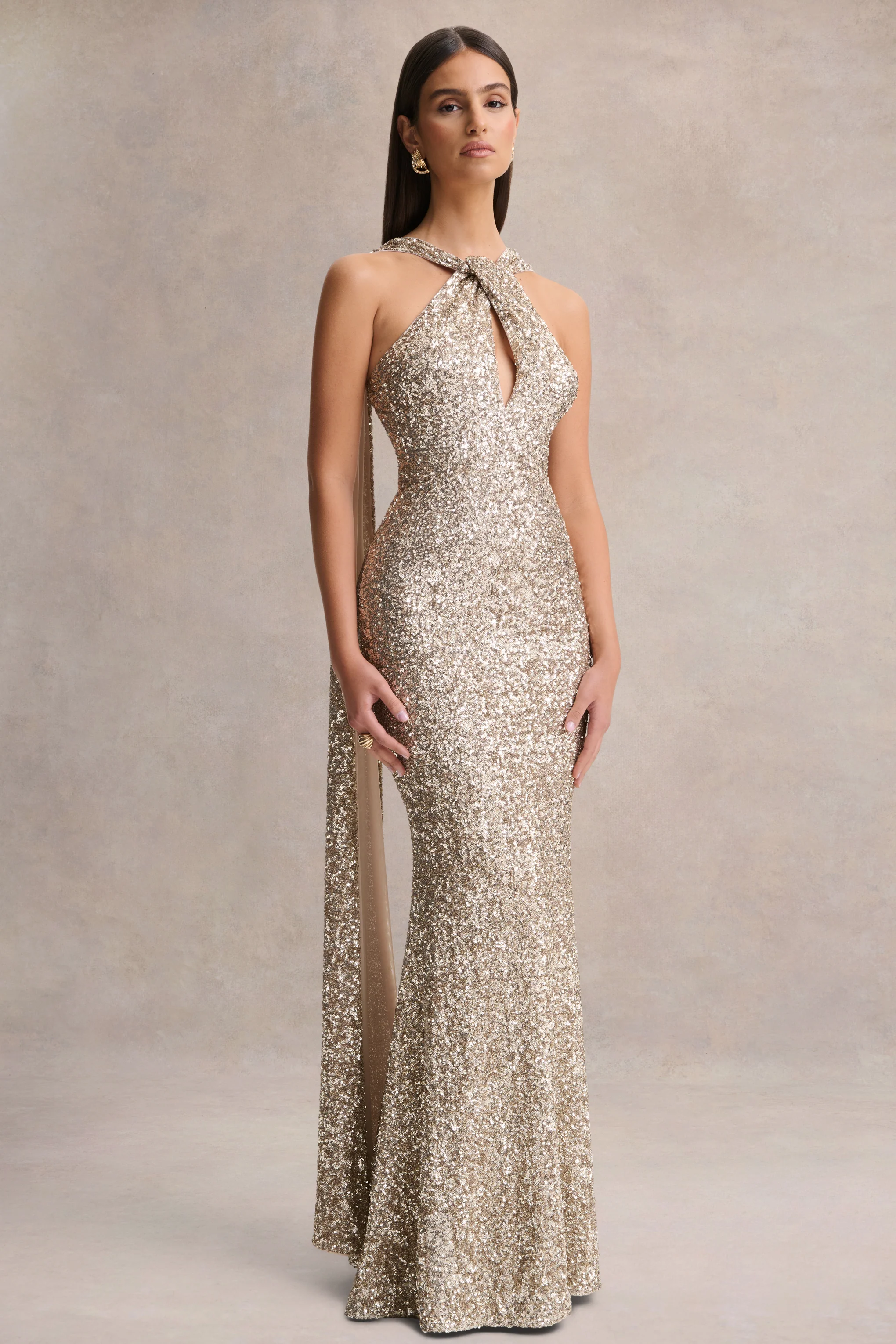 Renelle | Gold Sequin Halter-Neck Maxi Dress - Image 4