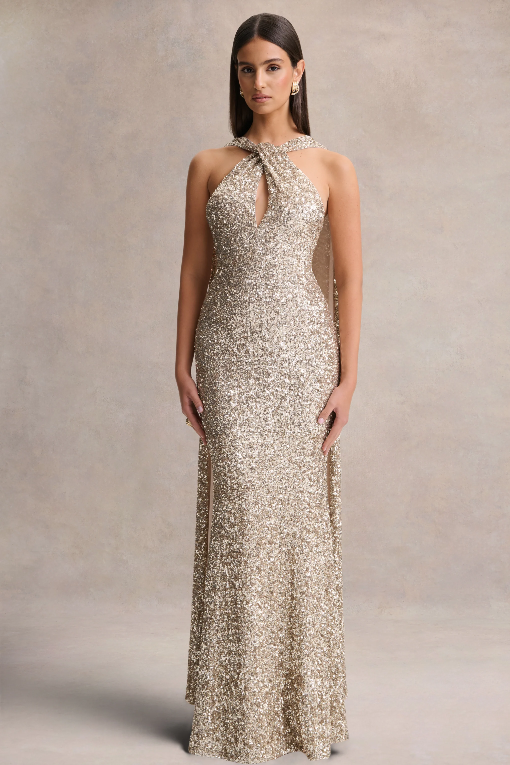Renelle | Gold Sequin Halter-Neck Maxi Dress - Image 5