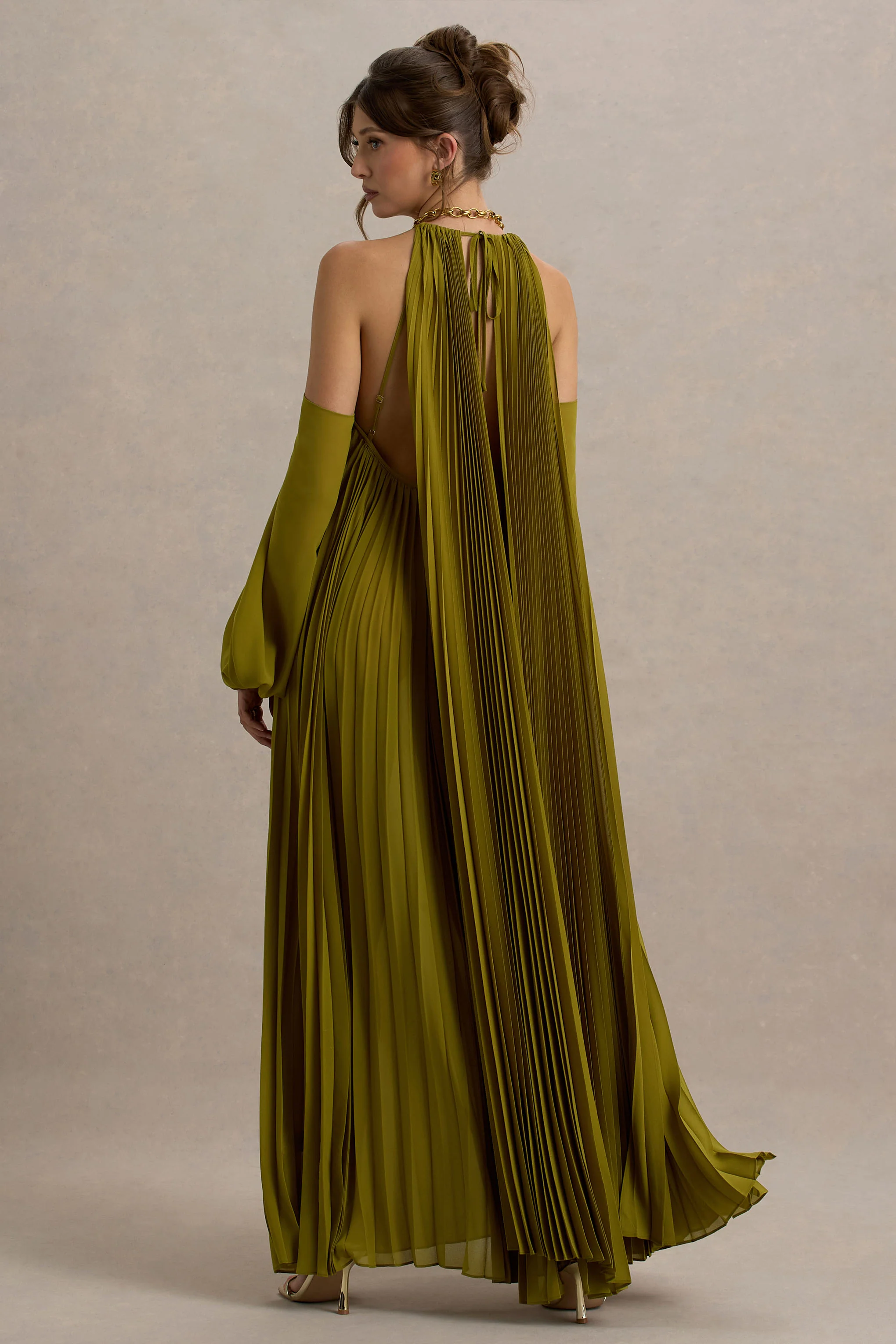 Reyna | Olive Pleated Chiffon Cold-Shoulder Maxi Dress - Image 2