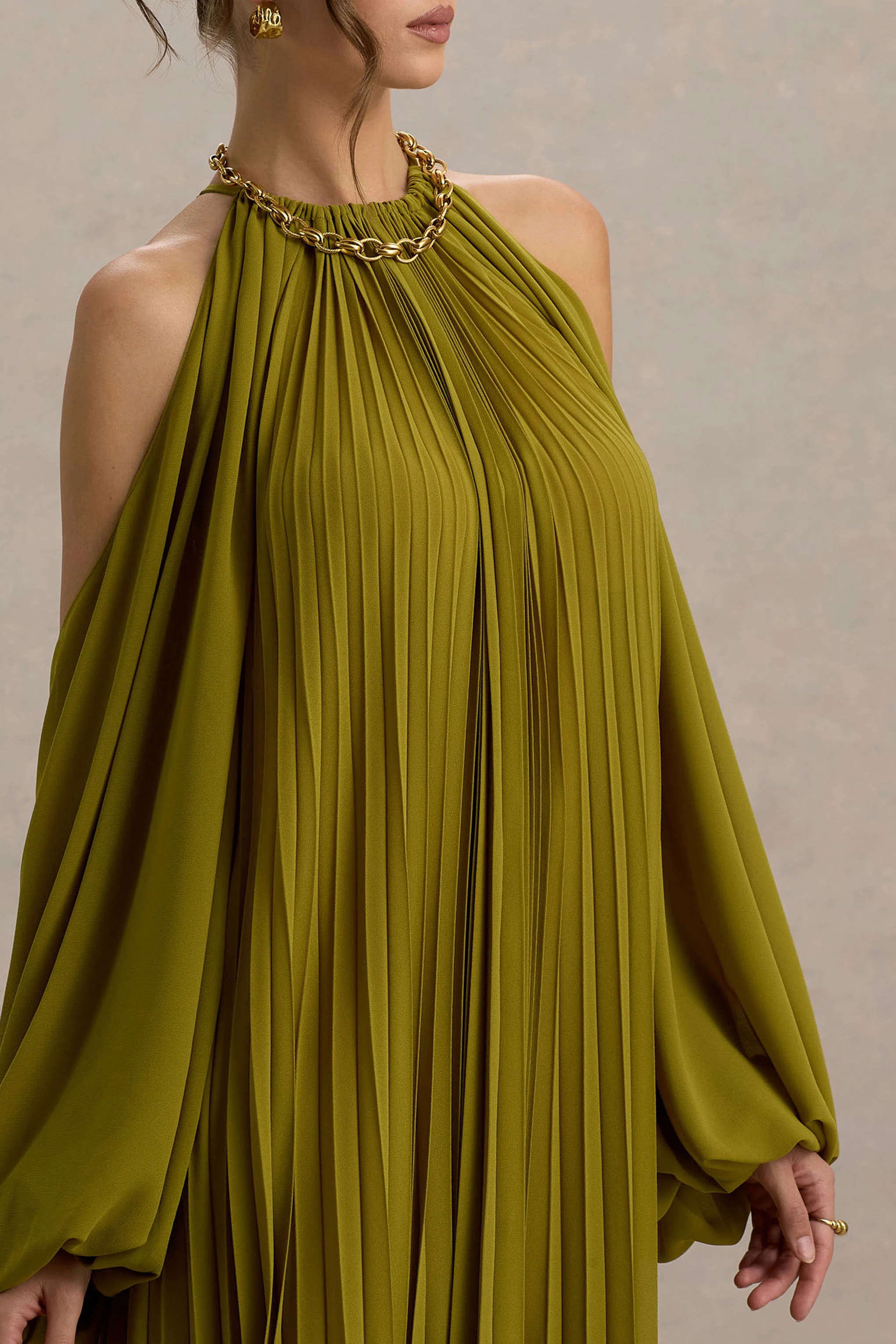 Reyna | Olive Pleated Chiffon Cold-Shoulder Maxi Dress - Image 3
