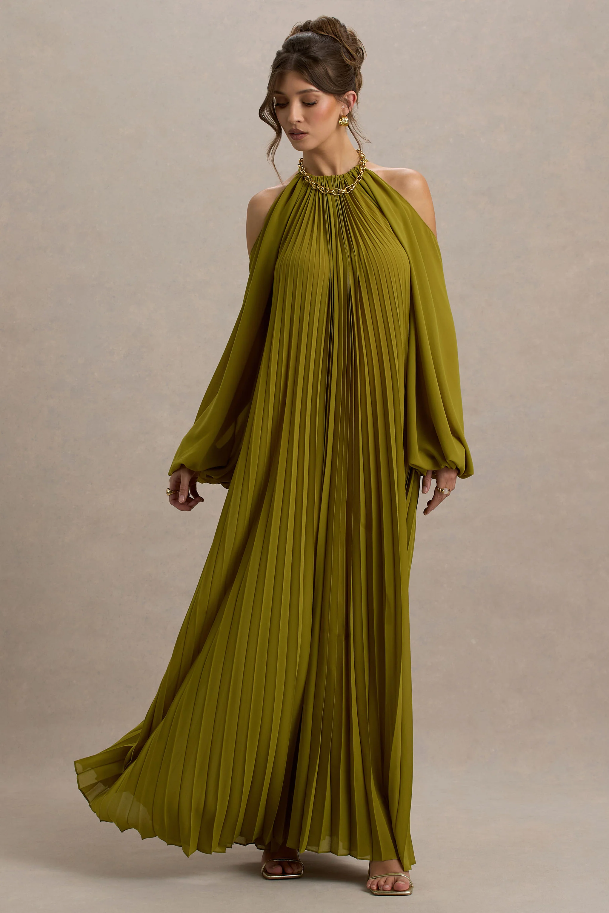 Reyna | Olive Pleated Chiffon Cold-Shoulder Maxi Dress - Image 4