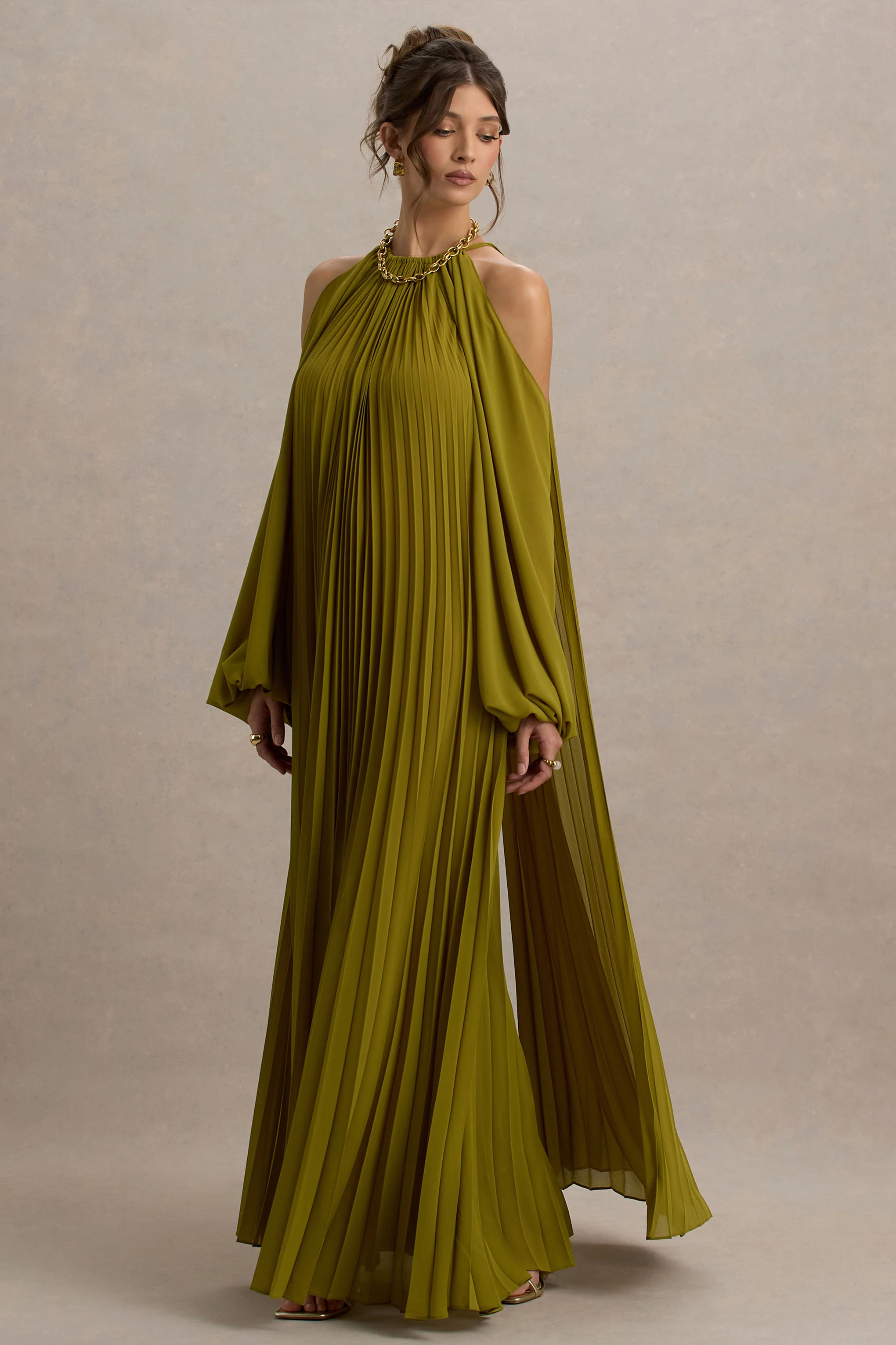 Reyna | Olive Pleated Chiffon Cold-Shoulder Maxi Dress - Image 5