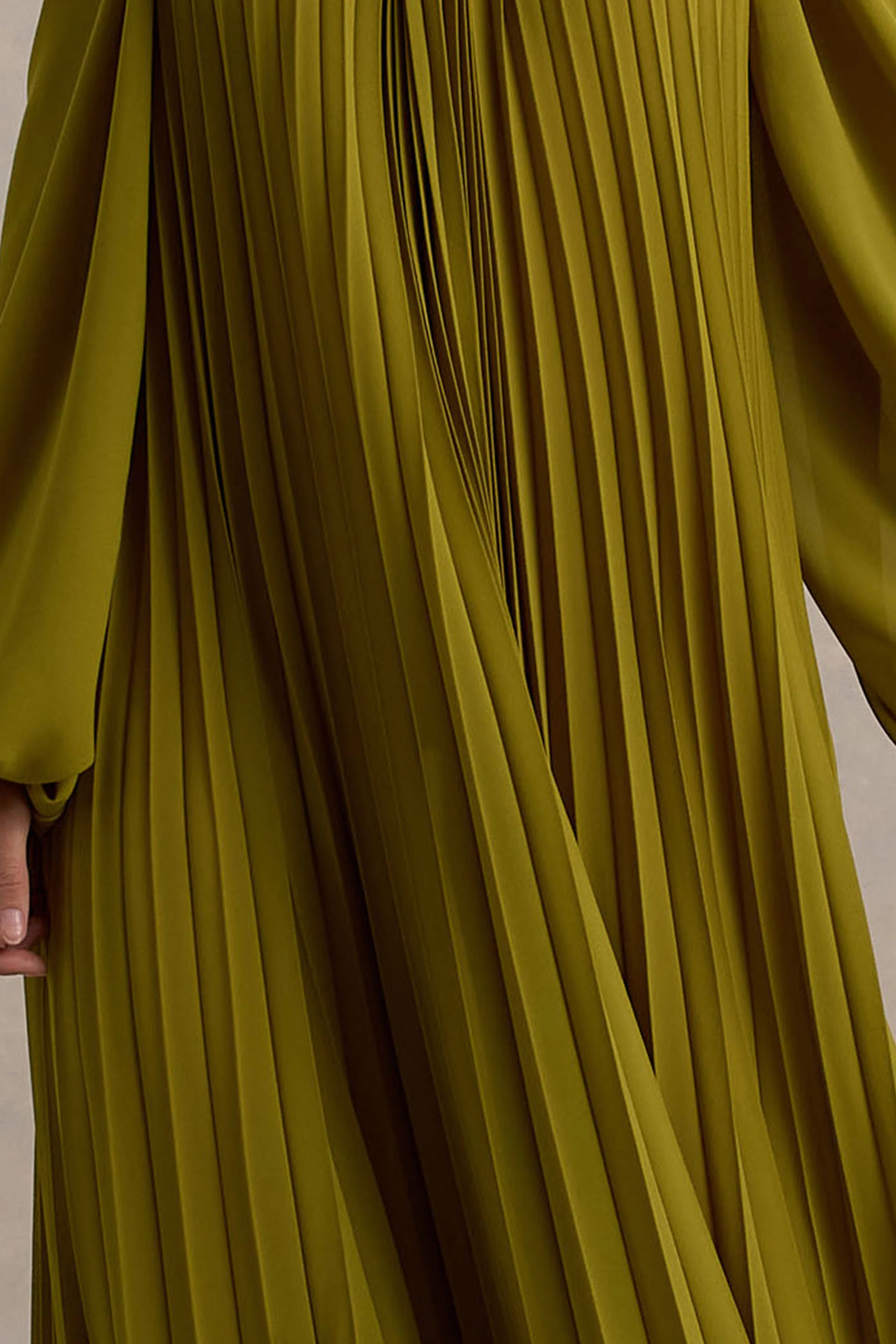 Reyna | Olive Pleated Chiffon Cold-Shoulder Maxi Dress - Image 6