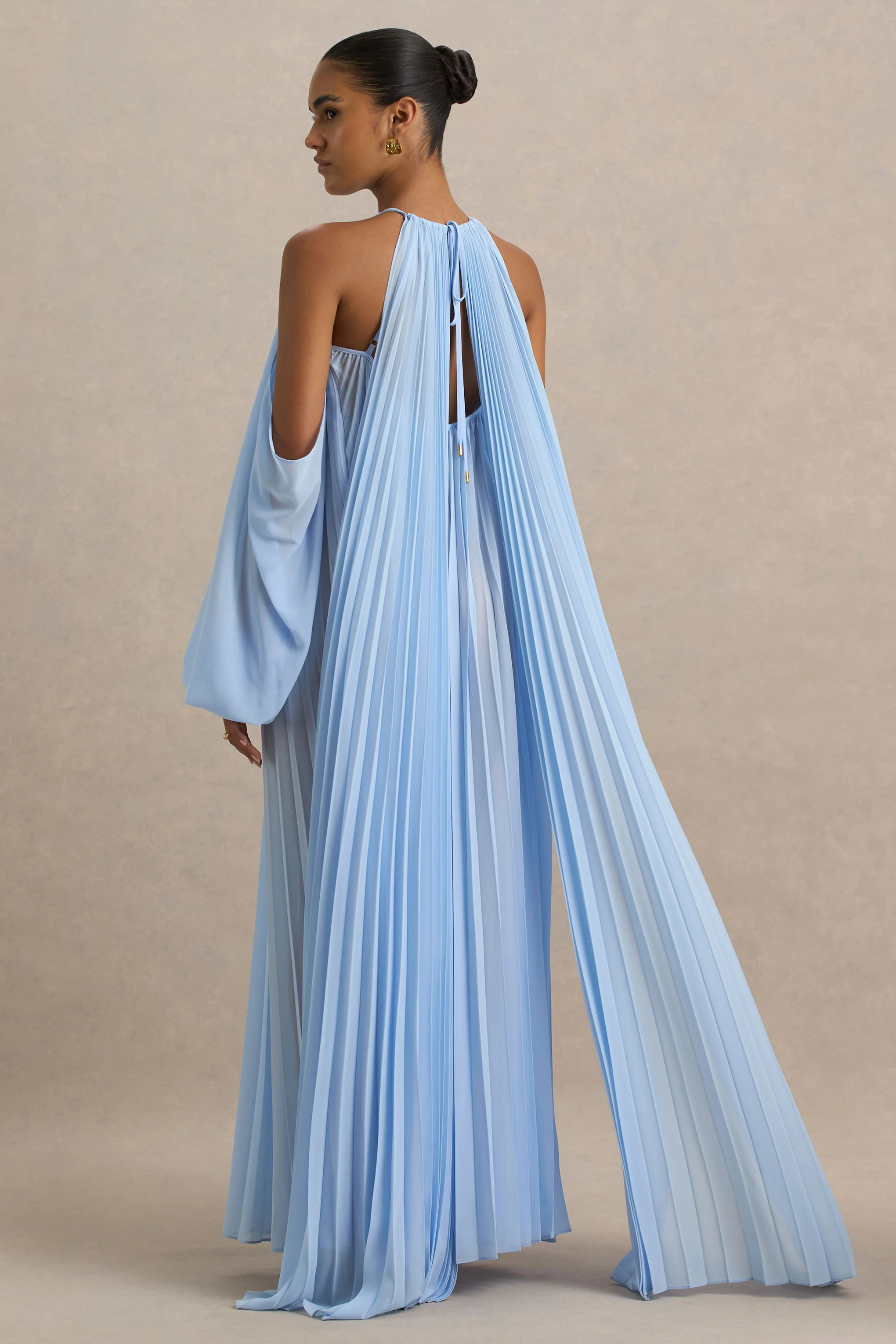 Reyna | Powder Blue Pleated Chiffon Cold-Shoulder Maxi Dress - Image 2
