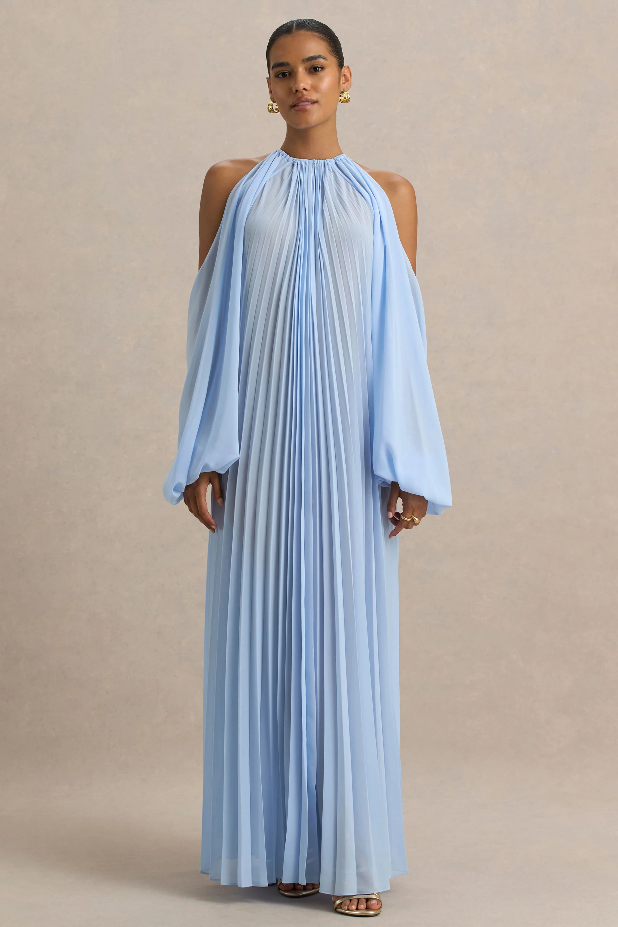 Reyna | Powder Blue Pleated Chiffon Cold-Shoulder Maxi Dress - Image 3