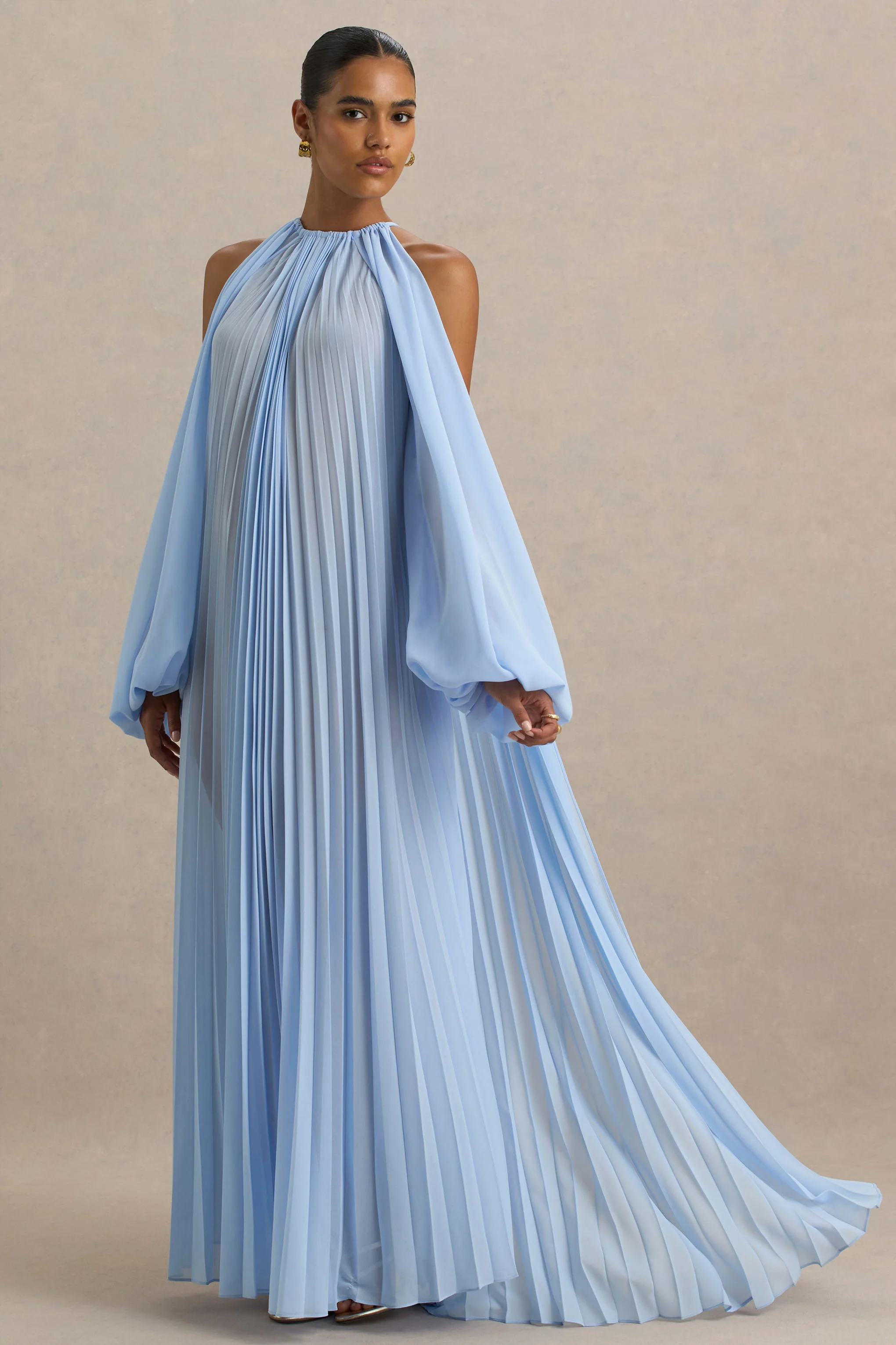 Reyna | Powder Blue Pleated Chiffon Cold-Shoulder Maxi Dress - Image 4
