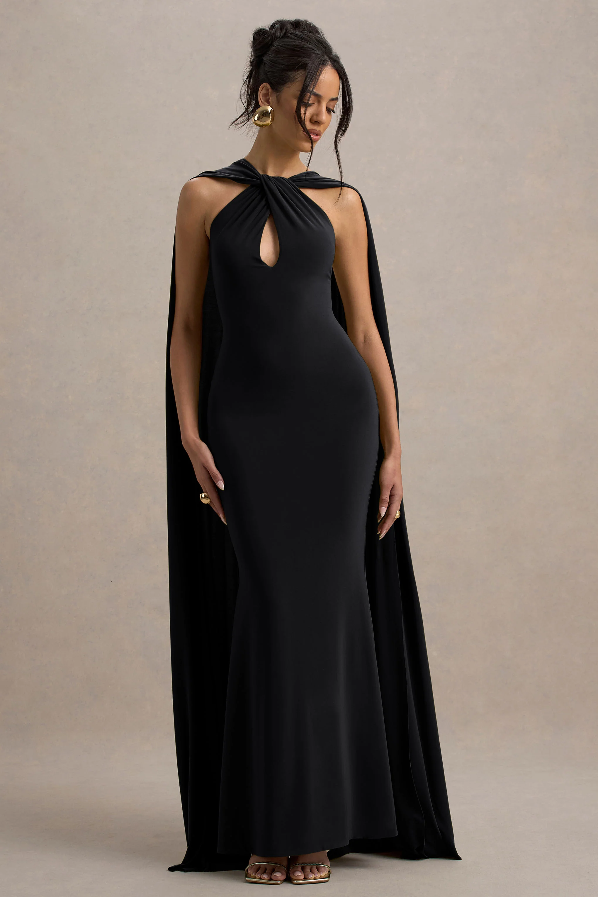 Rhoda | Black Twist Halter-Neck Cape Maxi Dress - Image 4