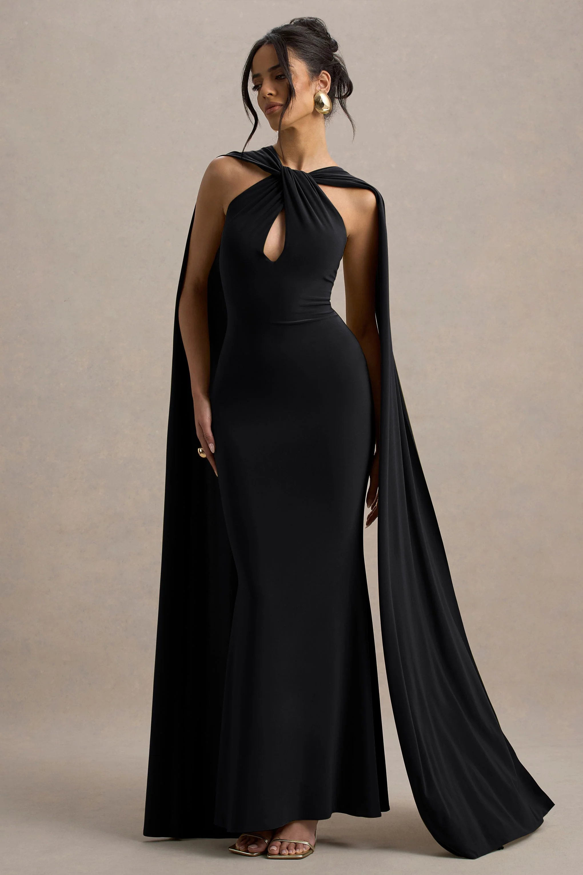 Rhoda | Black Twist Halter-Neck Cape Maxi Dress - Image 5