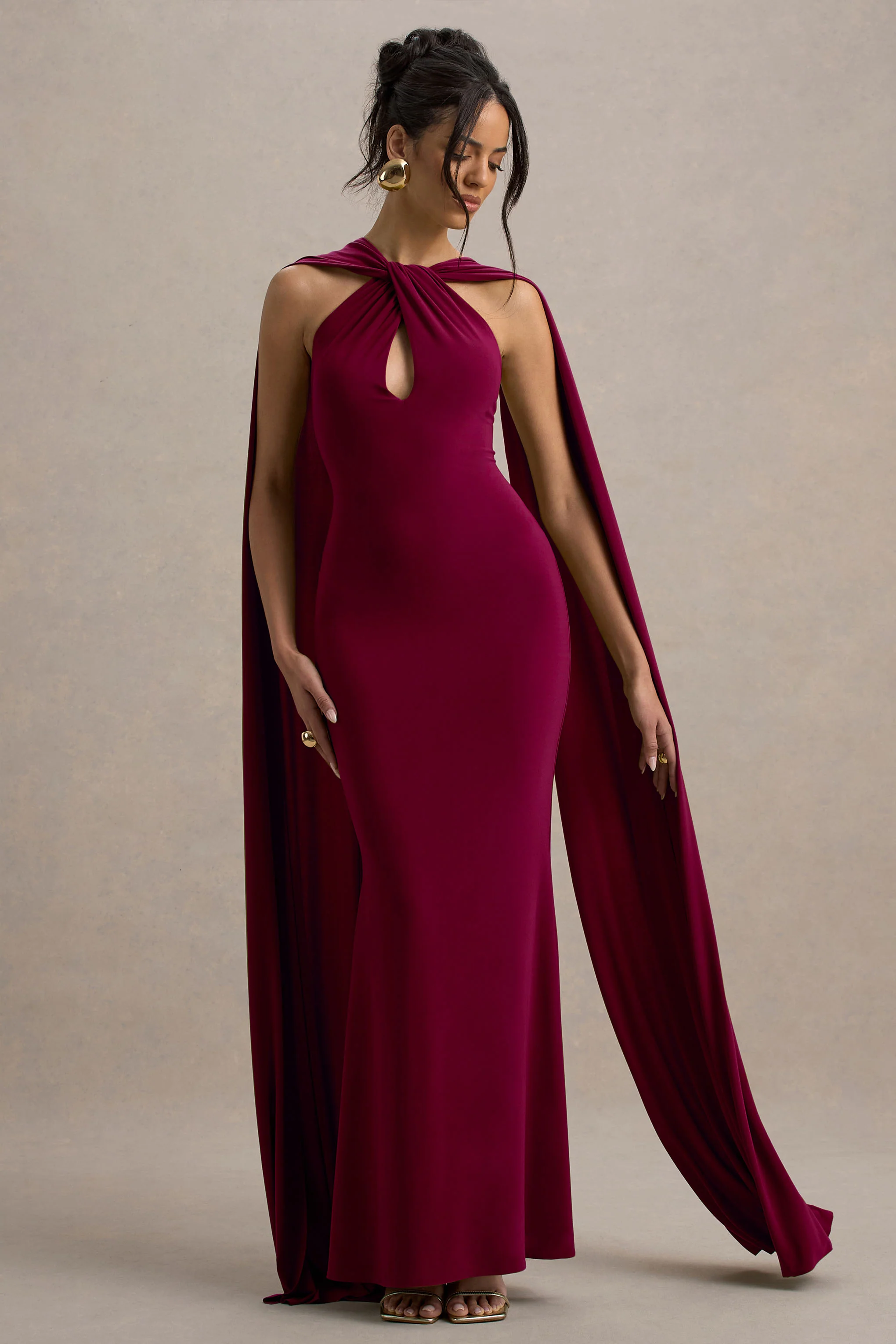 Rhoda | Burgundy Twist Halter-Neck Cape Maxi Dress - Image 3
