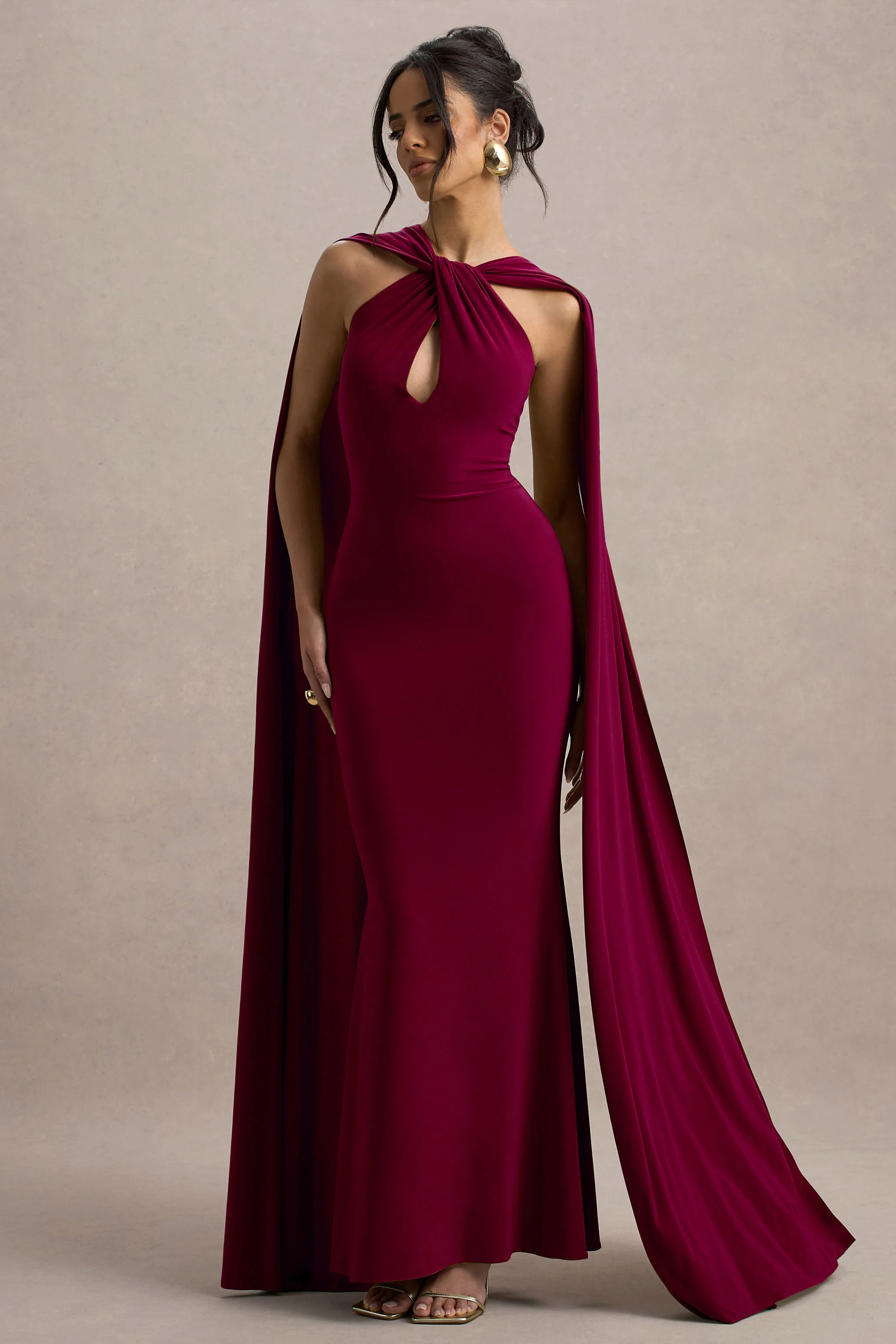 Rhoda | Burgundy Twist Halter-Neck Cape Maxi Dress - Image 4