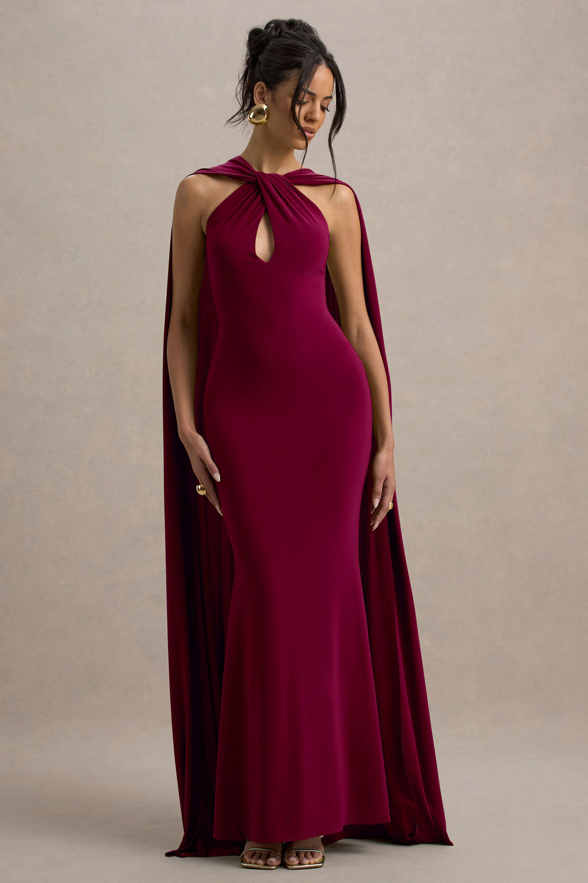 Rhoda | Burgundy Twist Halter-Neck Cape Maxi Dress - Image 5
