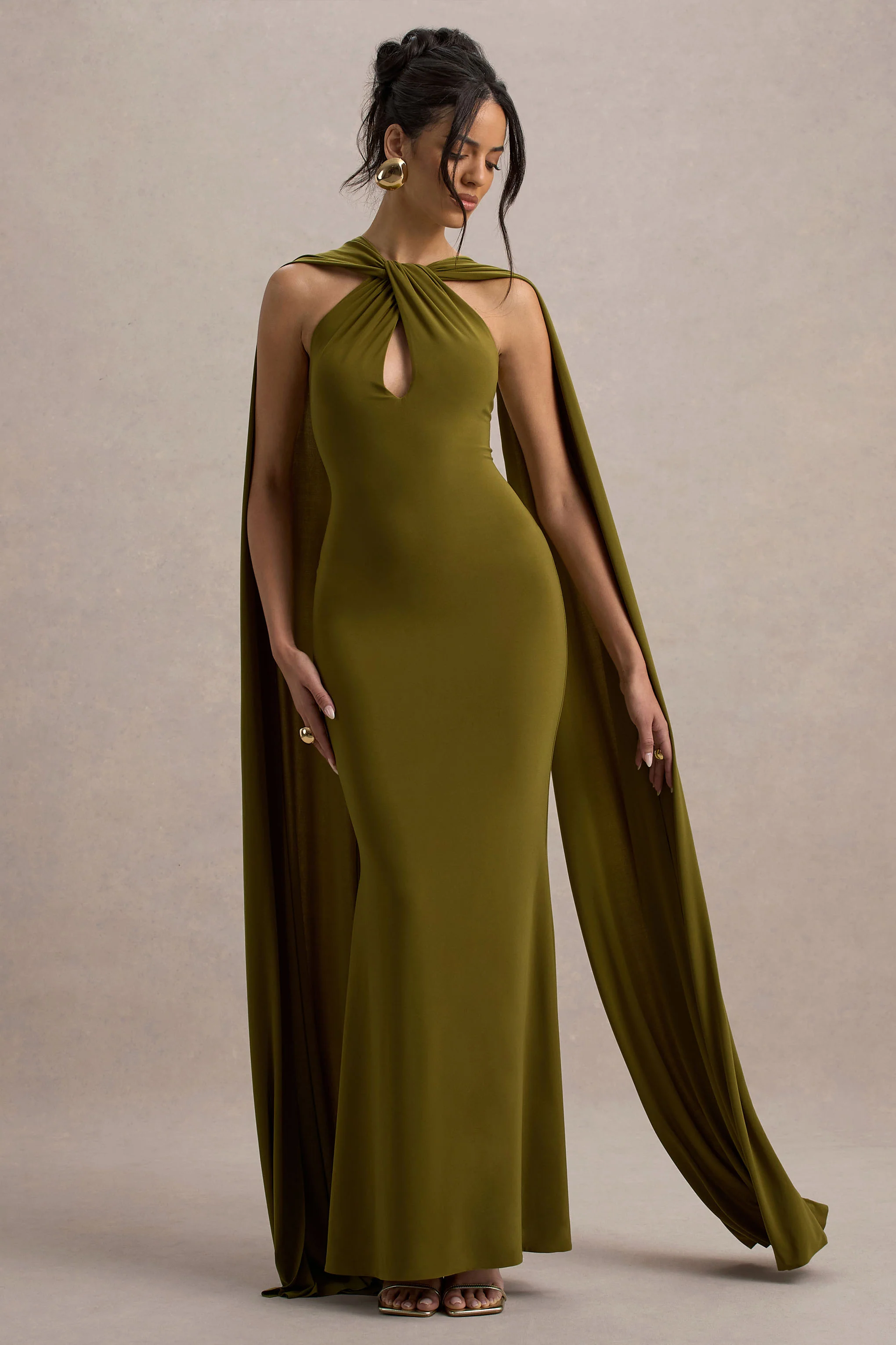 Rhoda | Green Twist Halter-Neck Cape Maxi Dress - Image 3