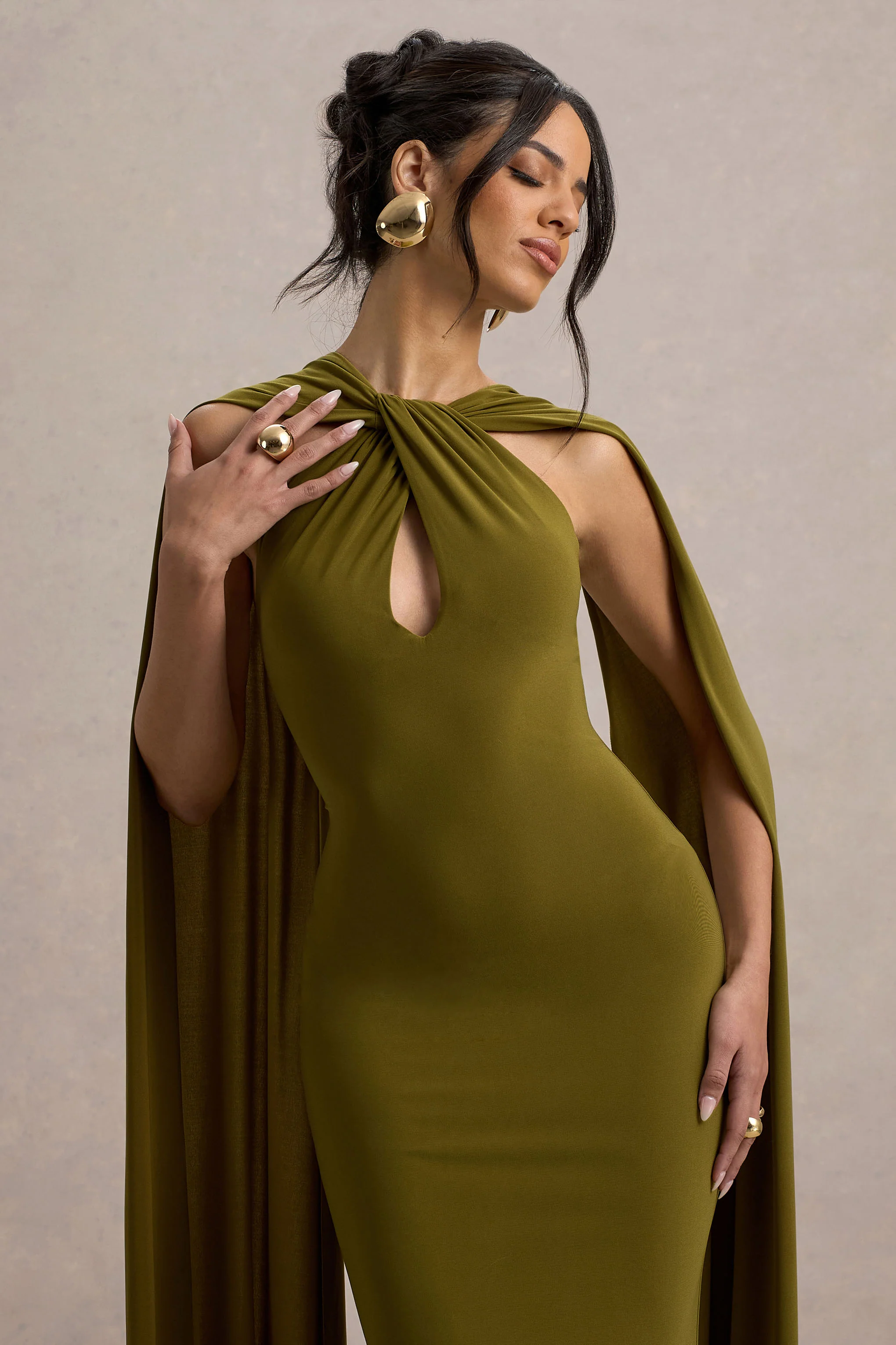 Rhoda | Green Twist Halter-Neck Cape Maxi Dress - Image 4